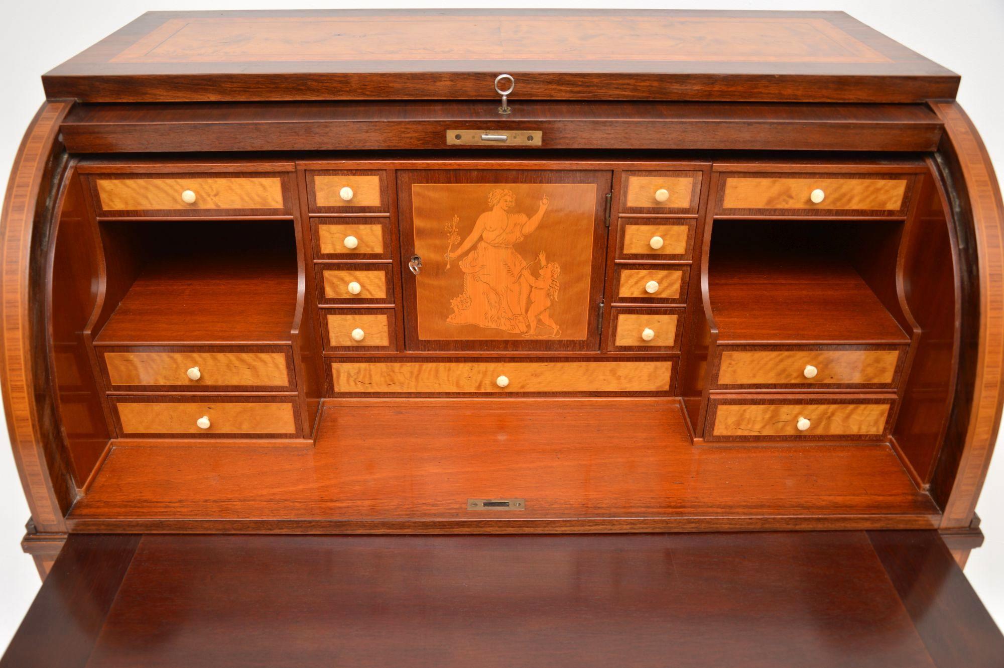 Early 20th Century Antique Swedish Inlaid and Marquetry Cylinder Top Desk