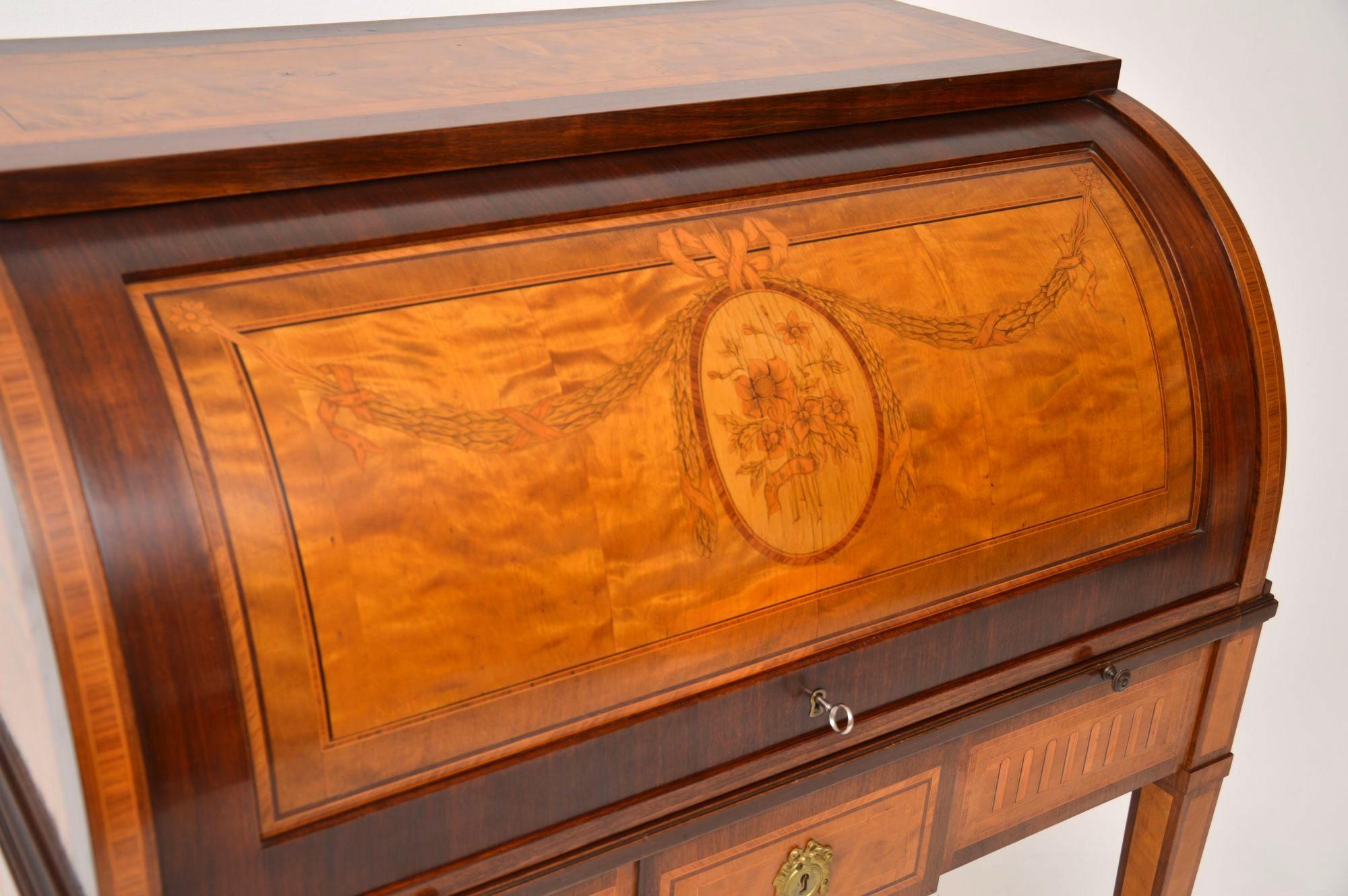 Wood Antique Swedish Inlaid and Marquetry Cylinder Top Desk