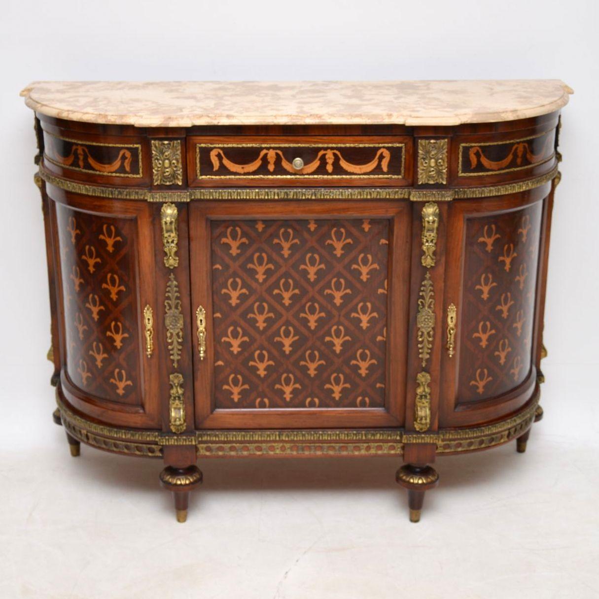 Very impressive antique Swedish marble-top side cabinet, which could be used as a sideboard. It has nice slim proportions from back to front & I would date it to around the 1910s-1920s period. This cabinet is full of intricate marquetry all-over