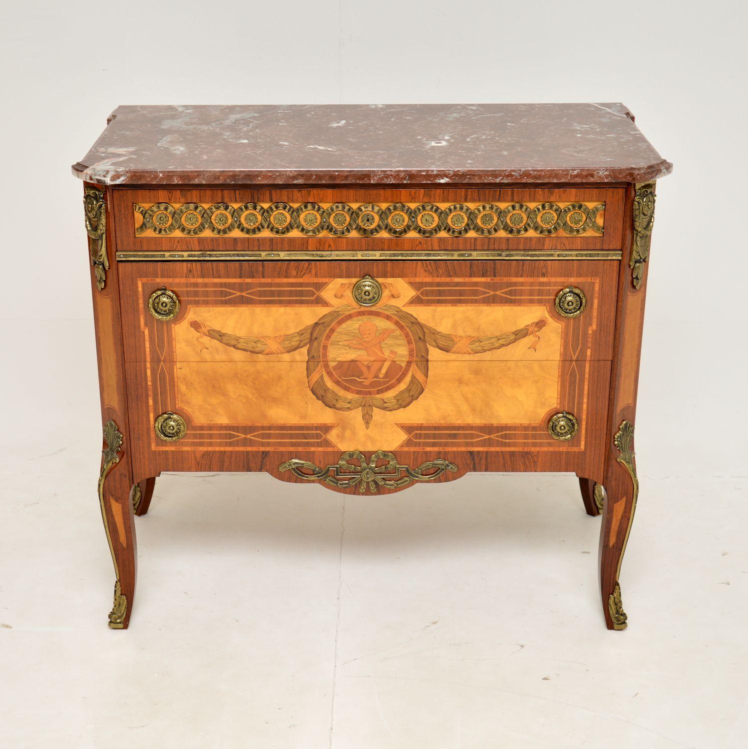 Louis XV Antique Swedish Inlaid Marquetry Marble Top Commode