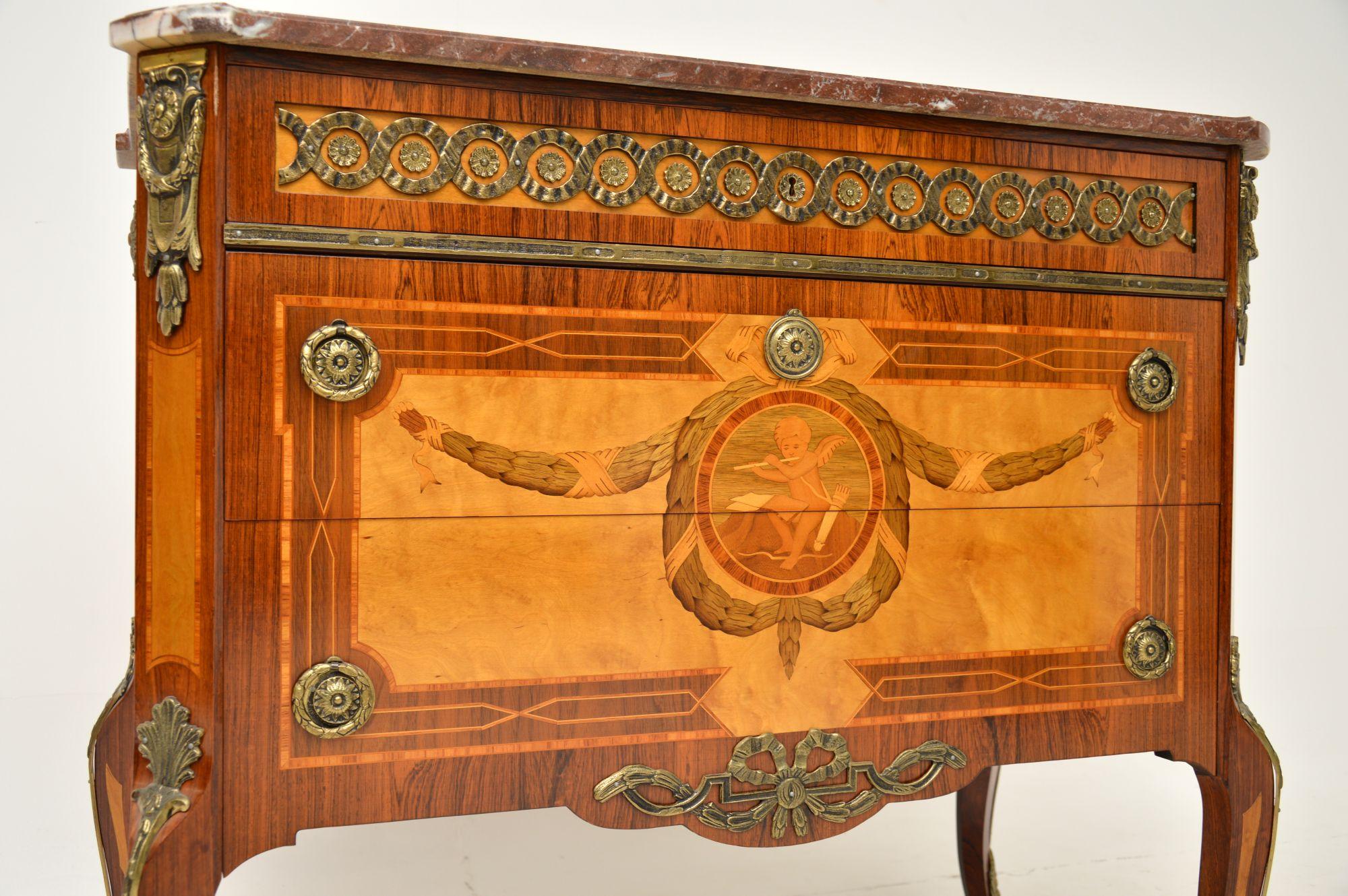 French Antique Swedish Inlaid Marquetry Marble Top Commode