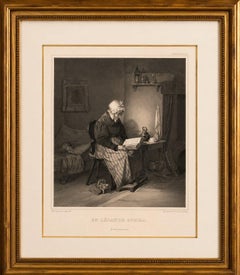 Antique Swedish Interior Genre Lithograph, Reading Grandmother, 1850
