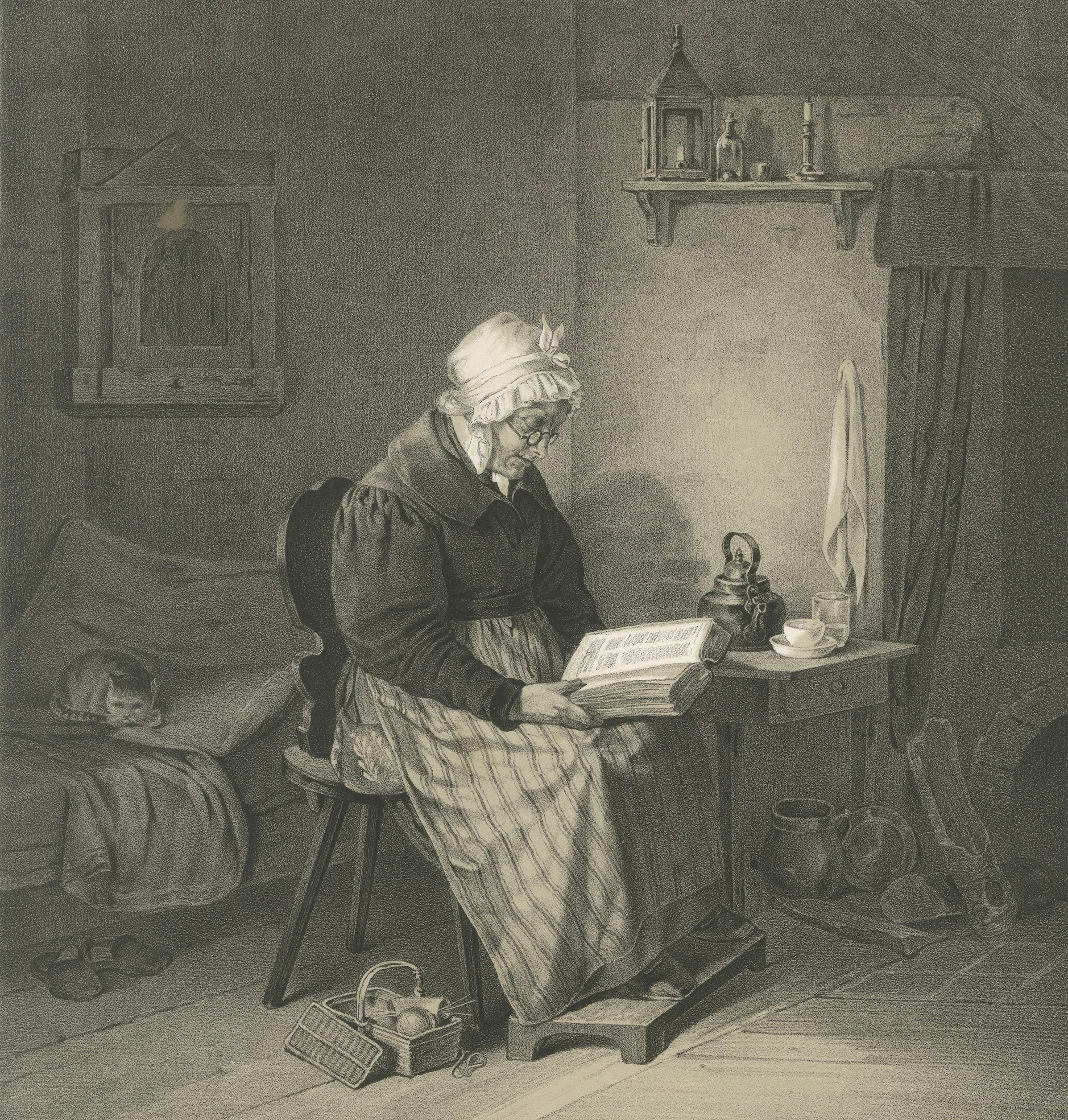 Antique Swedish Interior Genre Lithograph, Reading Grandmother, 1850