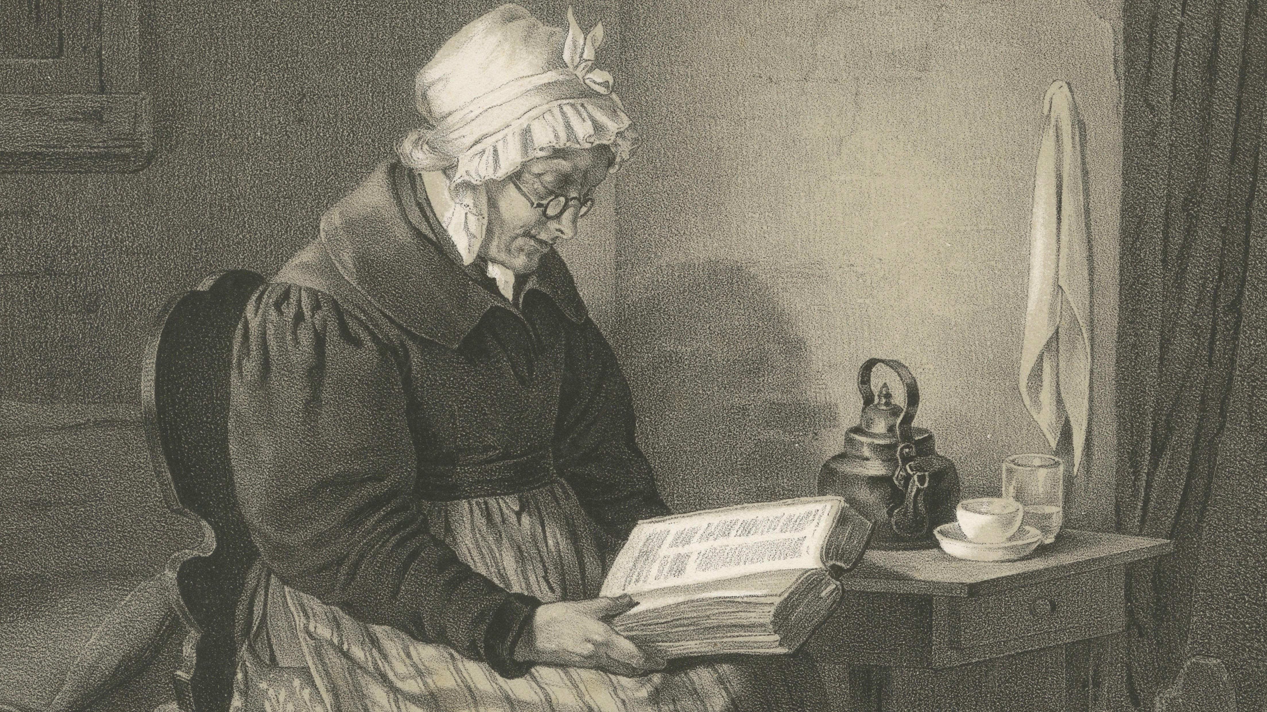 Antique Swedish Interior Genre Lithograph, Reading Grandmother, 1850