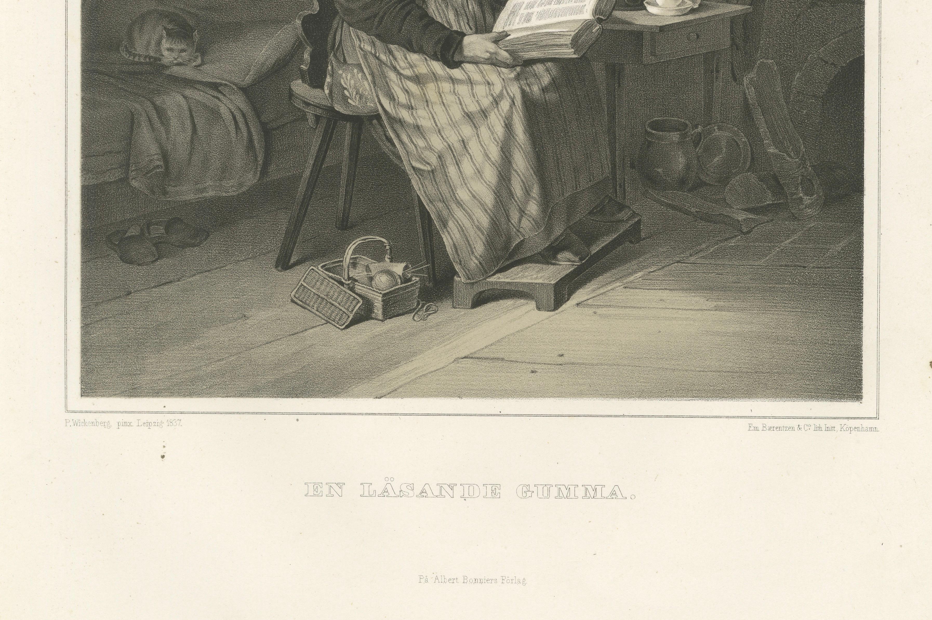 Antique Swedish Interior Genre Lithograph, Reading Grandmother, 1850