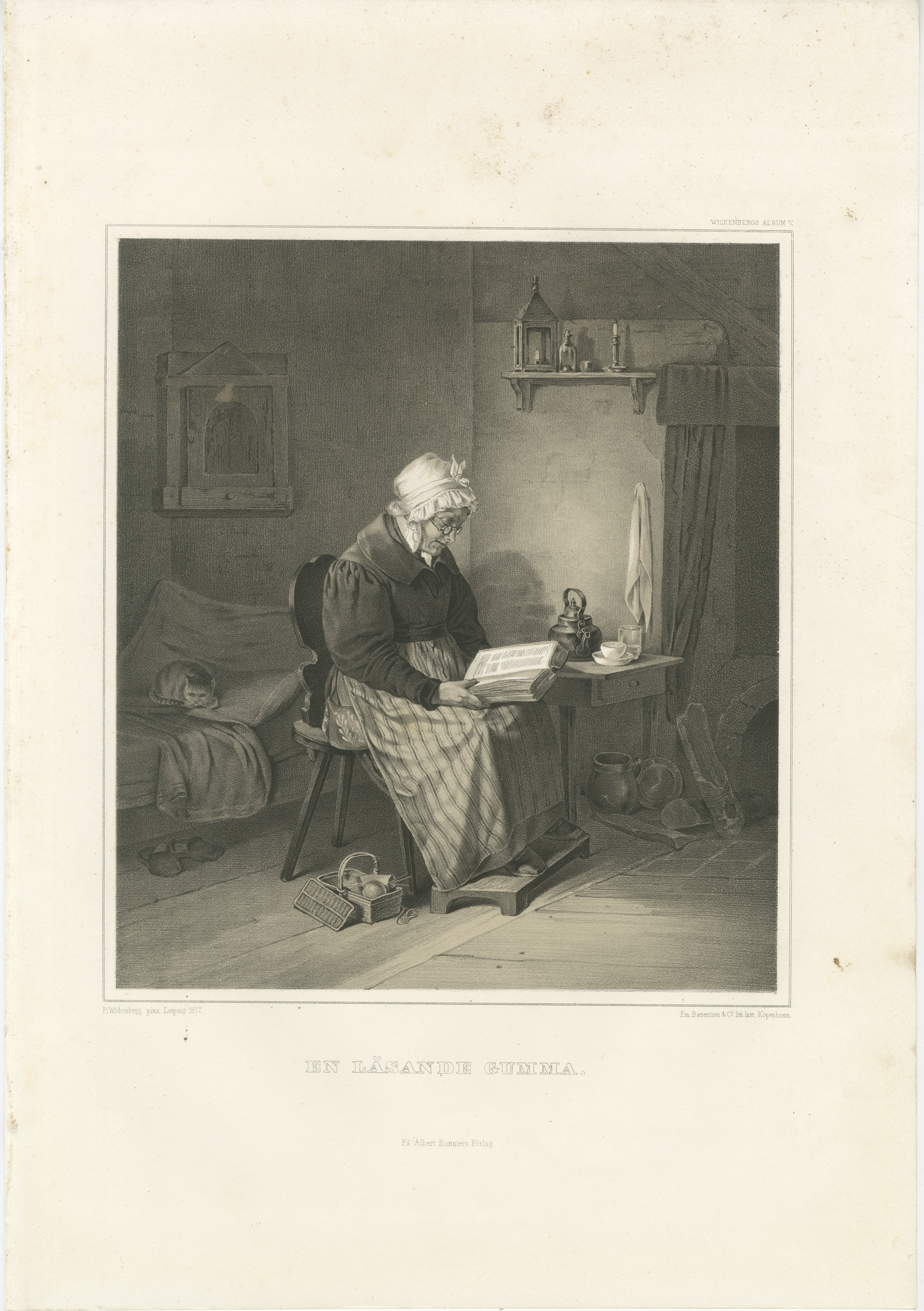 Antique Swedish Interior Genre Lithograph, Reading Grandmother, 1850