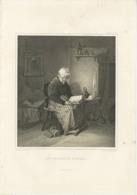 Antique Swedish Interior Genre Lithograph, Reading Grandmother, 1850
