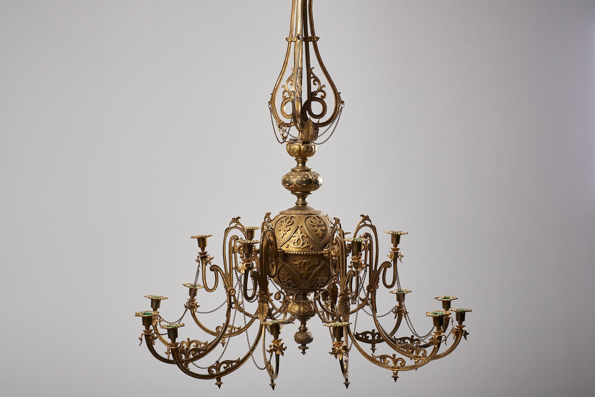 Hand-Crafted Antique Swedish Intricate Bronzed Chandelier For Sale