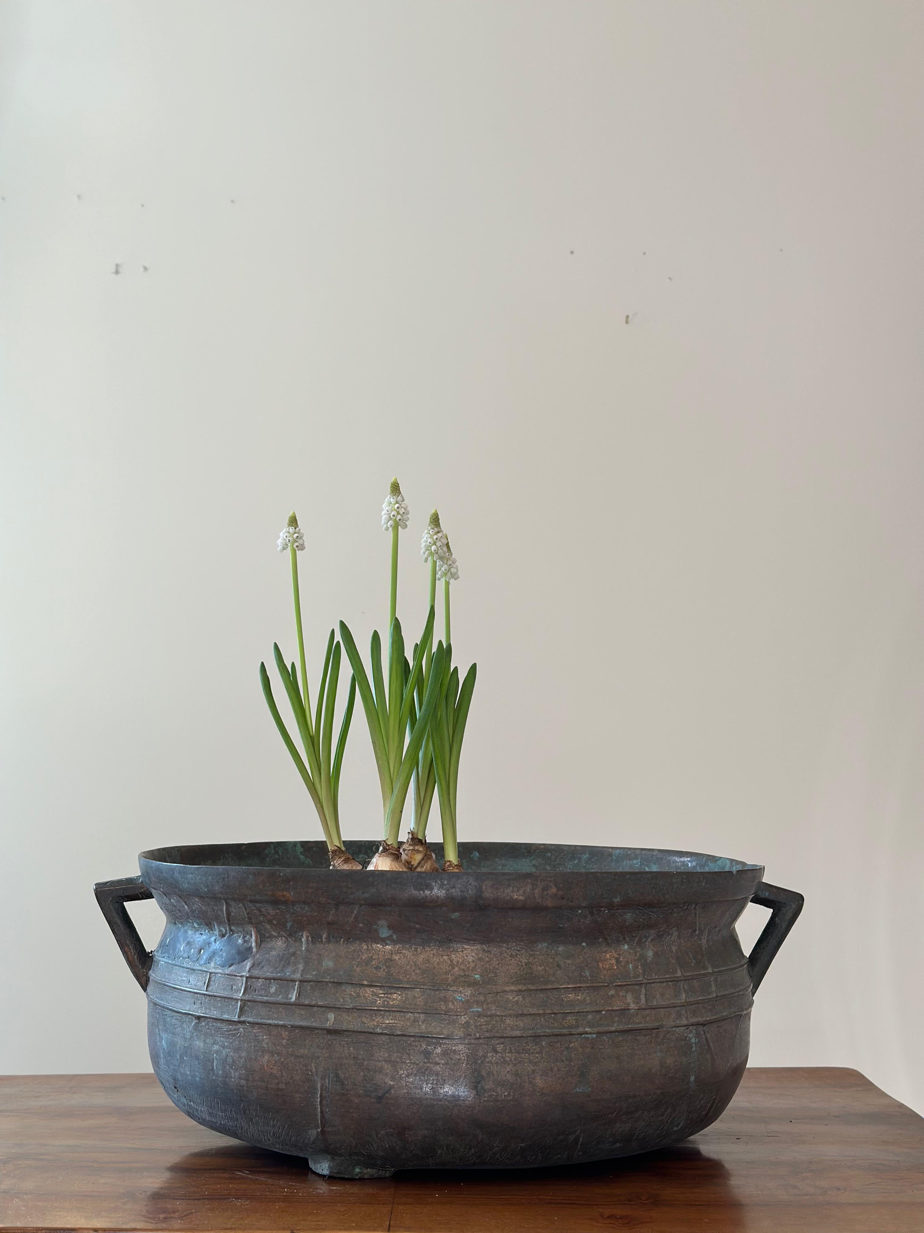 Vaso Jardiniere svedese dei primi del Novecento realizzato a mano con due manici. Una lega di metalli diversi (erba pesante!!). Ma puoi ancora sollevarlo con una mano sola) molto probabilmente si tratta di bronzo e rame.

Bella patina scura.
Buone