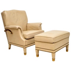 Antique Swedish Leather and Brass Reclining Armchair and Stool