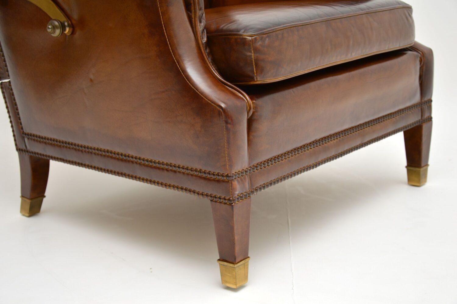 Antique Swedish Leather and Brass Reclining Armchair and Stool 6