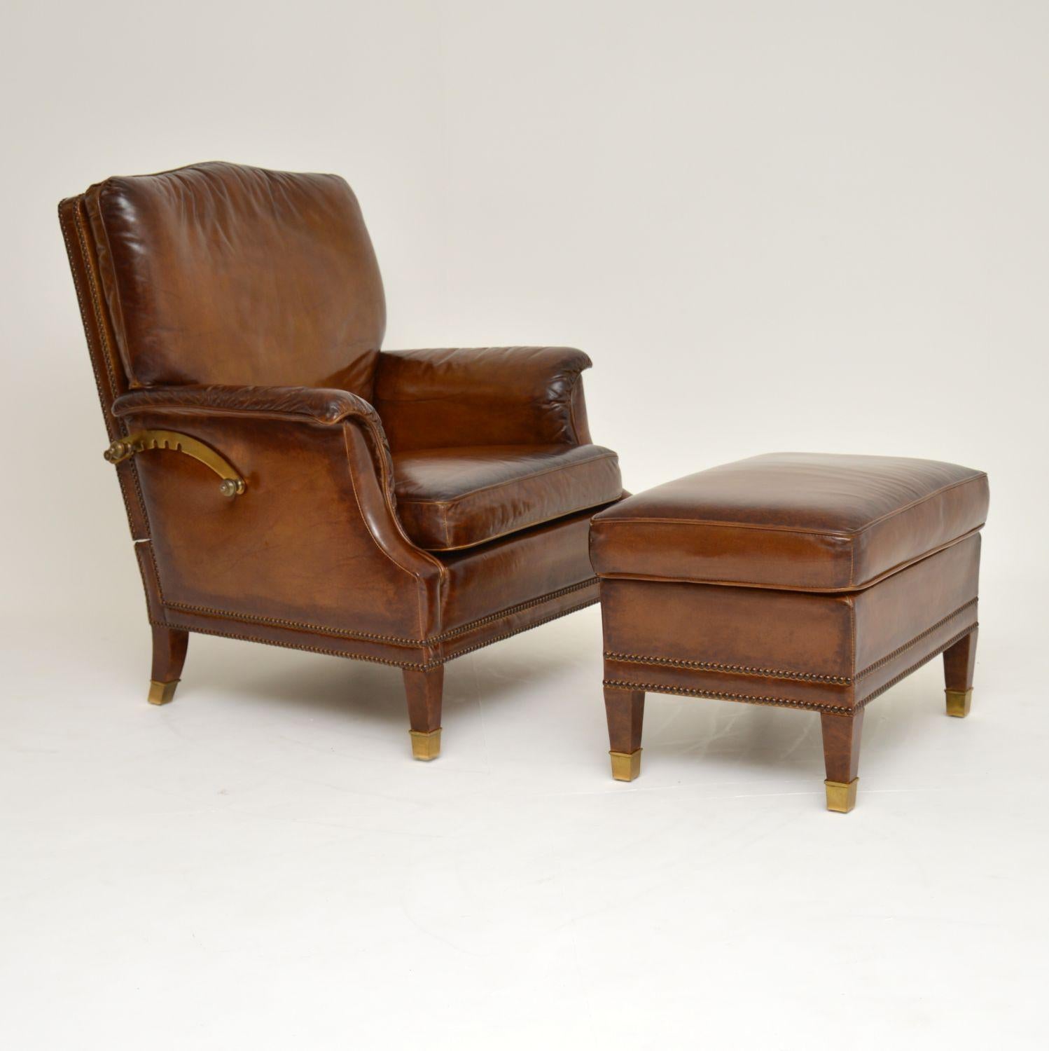 This very stylish, functional and comfortable reclining leather armchair with matching footstool has just come over from Sweden and I would date it to circa 1960s period.

This chair and stool is covered in a lovely color brown leather with lots
