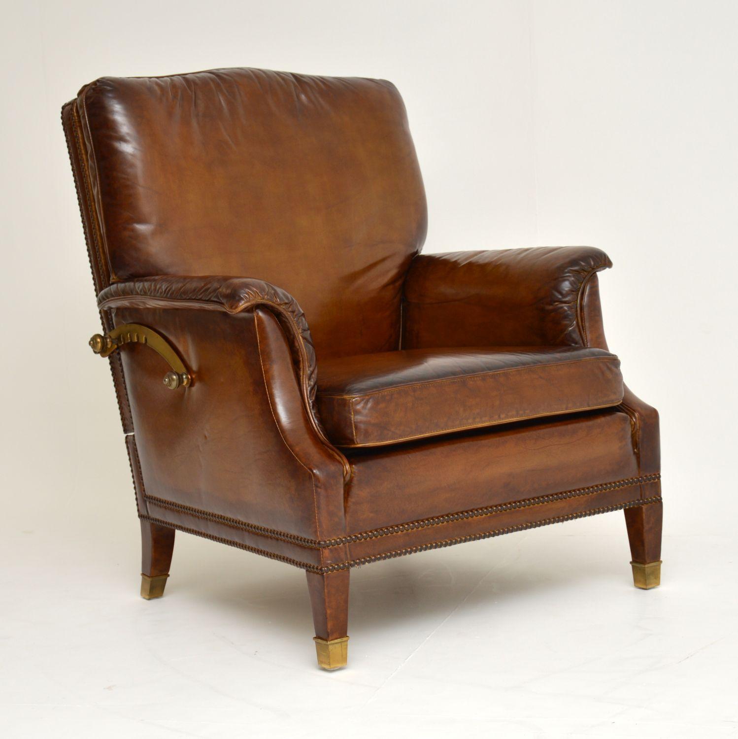Antique Swedish Leather and Brass Reclining Armchair and Stool In Good Condition In London, GB