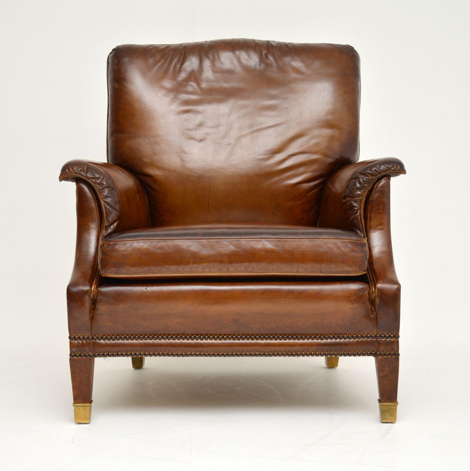 Mid-20th Century Antique Swedish Leather and Brass Reclining Armchair and Stool