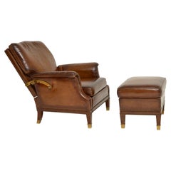 Vintage Swedish Leather and Brass Reclining Armchair and Stool