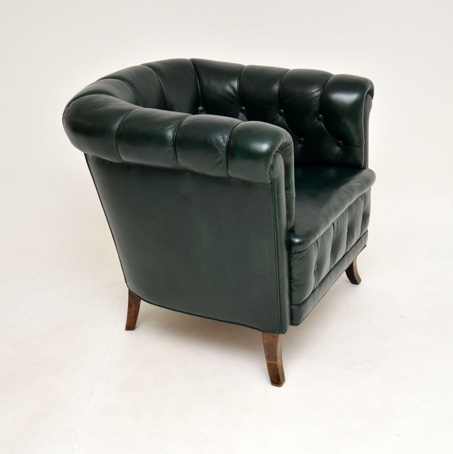 Early 20th Century Antique Swedish Leather Club Armchair For Sale
