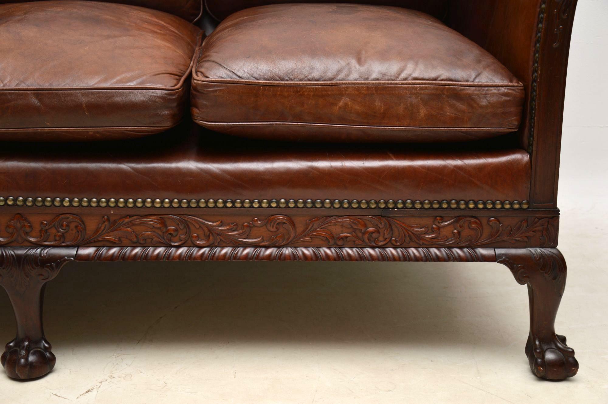 Chippendale Antique Swedish Leather and Mahogany Sofa