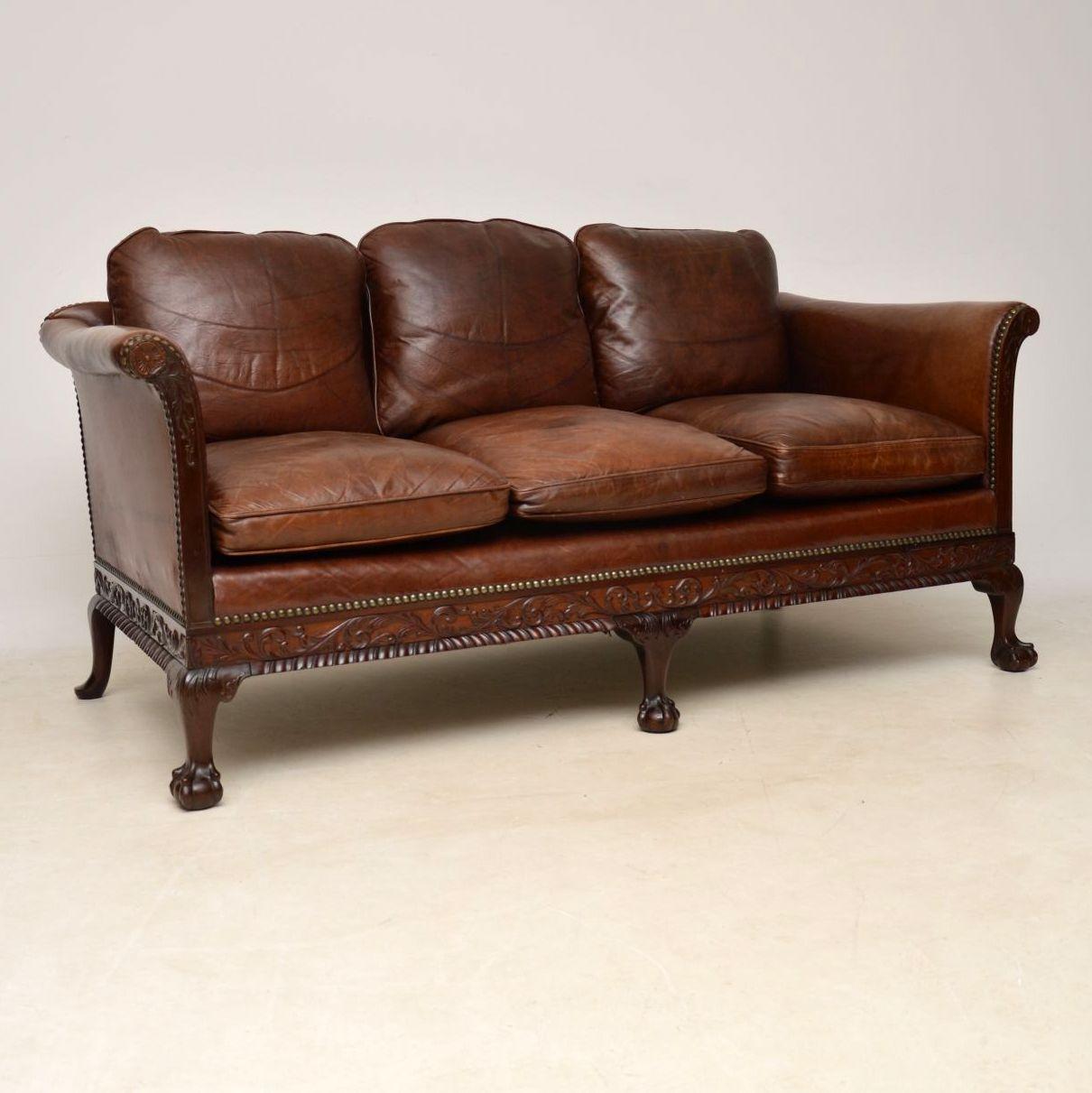 Late 19th Century Antique Swedish Leather and Mahogany Sofa