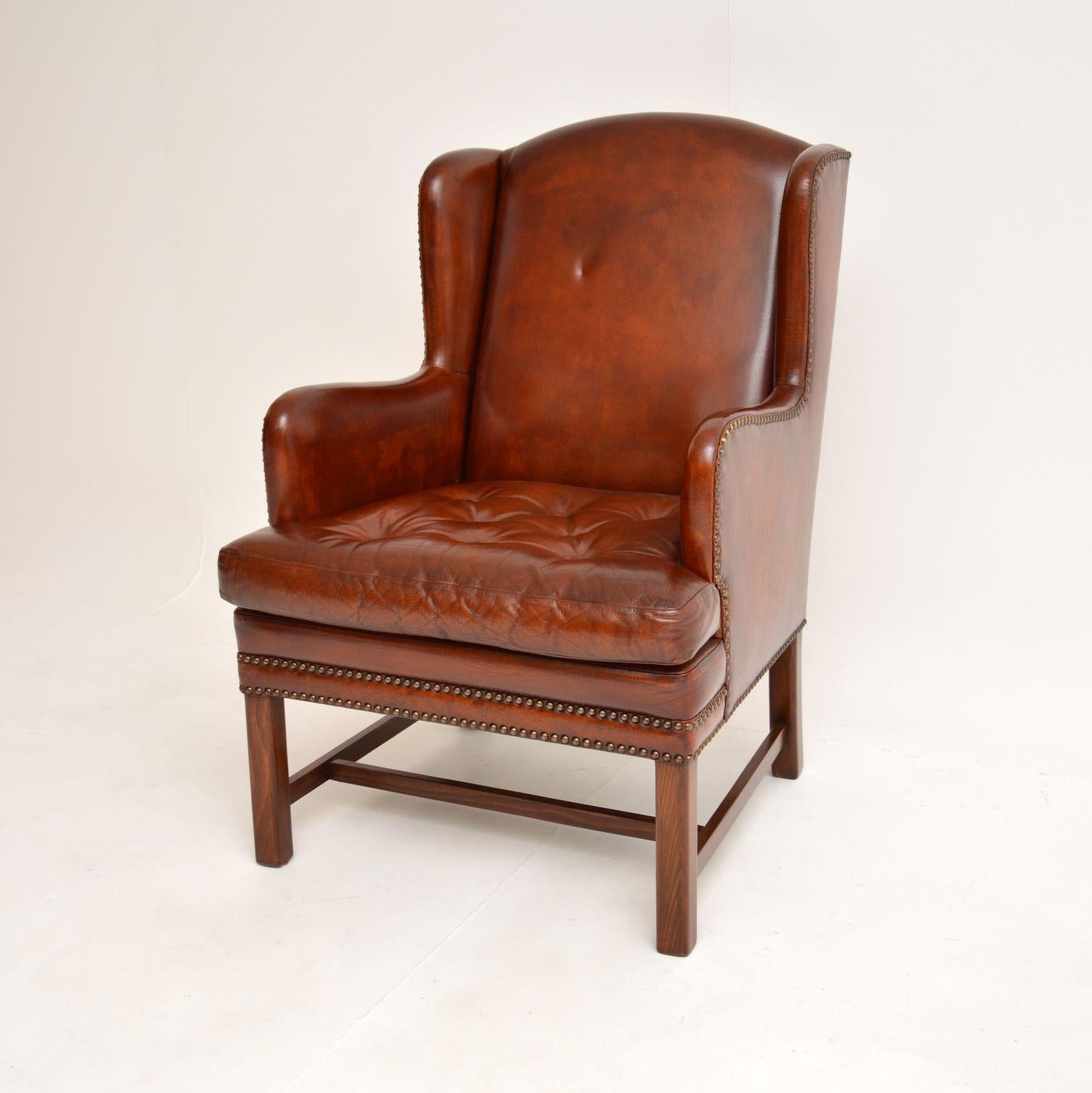 A very stylish and comfortable vintage Swedish leather wing back armchair. This was recently imported from Sweden, and it dates from around the 1930’s.

The quality is fantastic, this has fairly small proportions for a wing chair, it still has