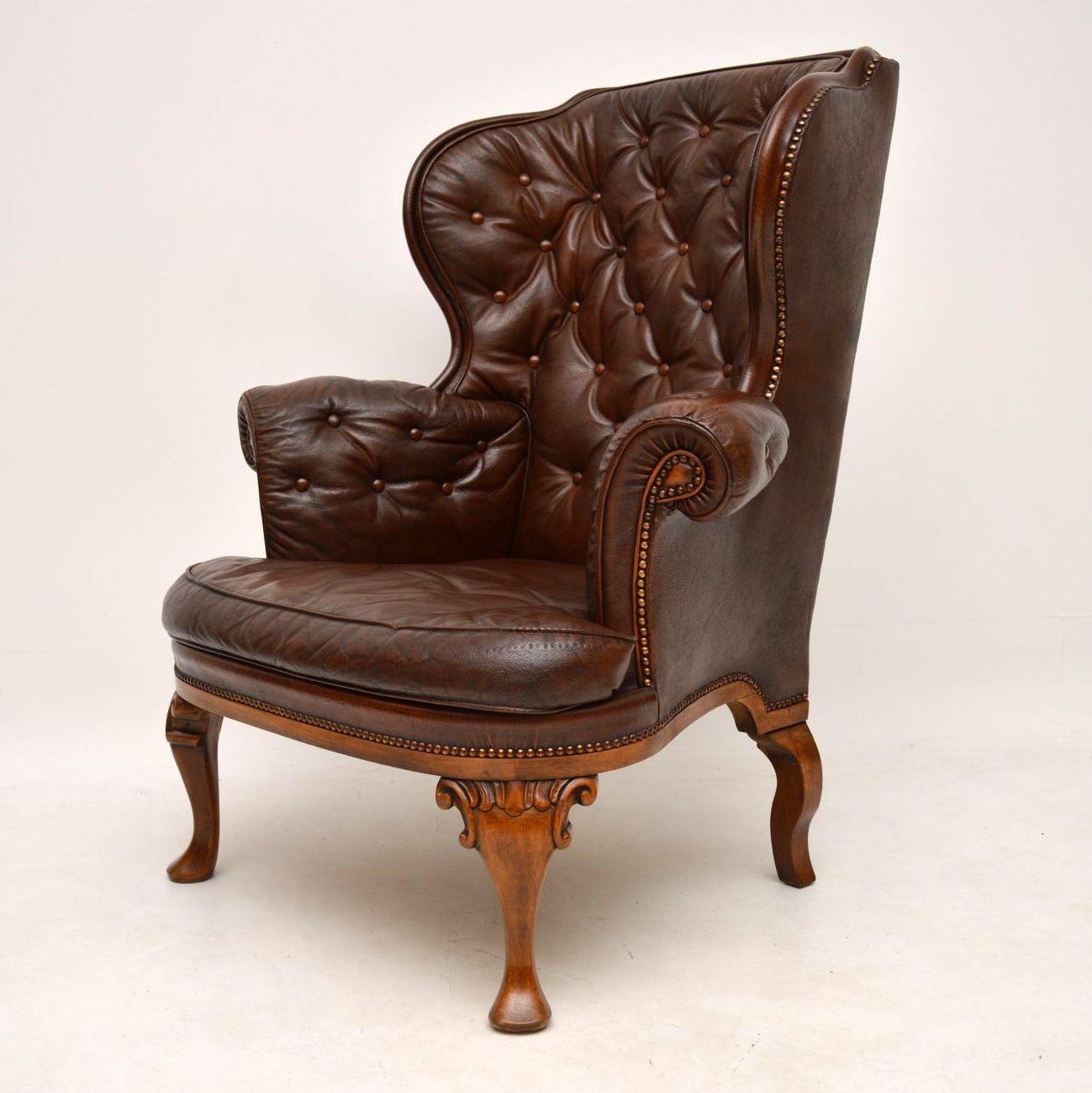 Edwardian Antique Swedish Leather Wing Back Armchair