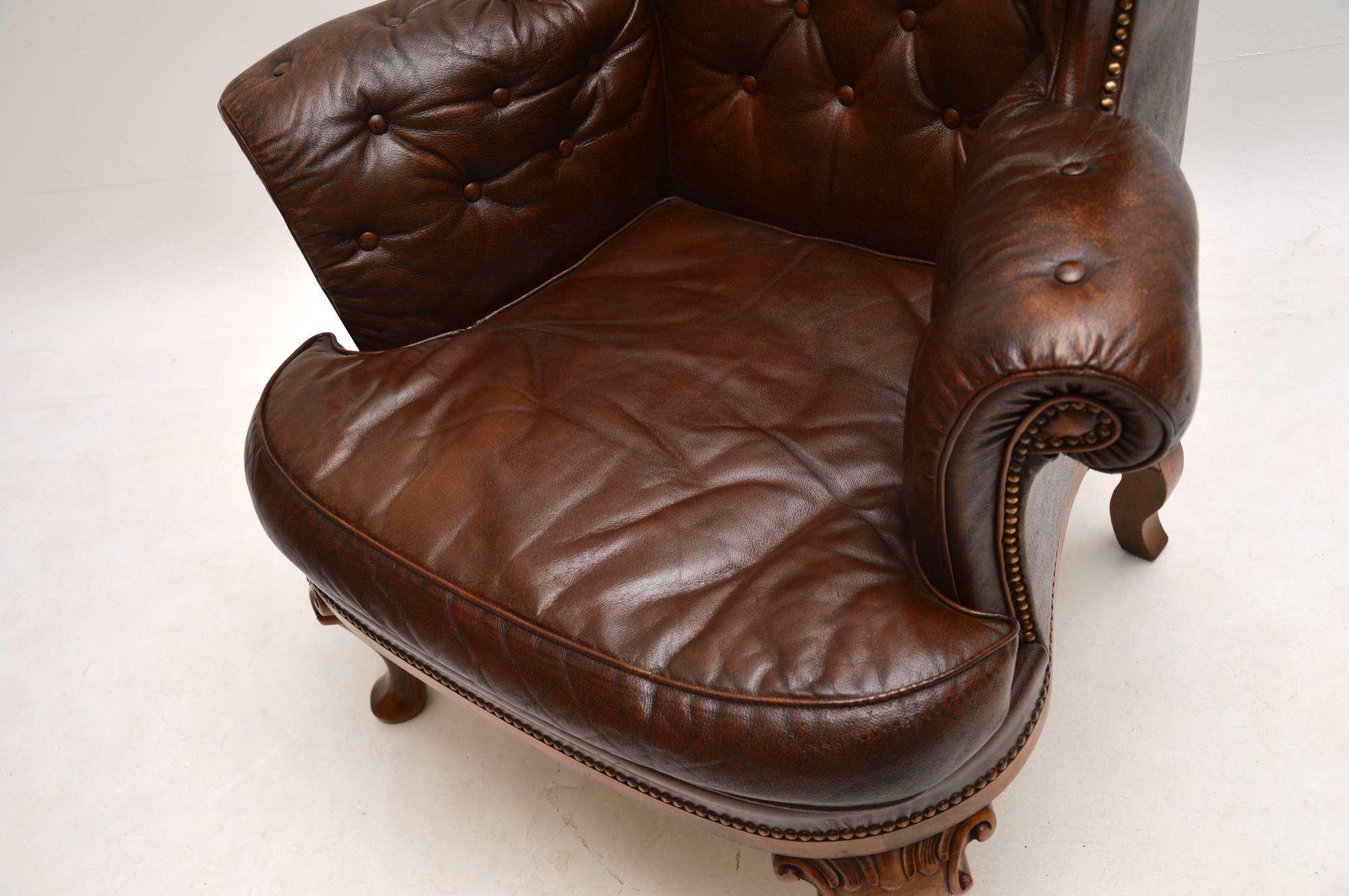Antique Swedish Leather Wing Back Armchair 2