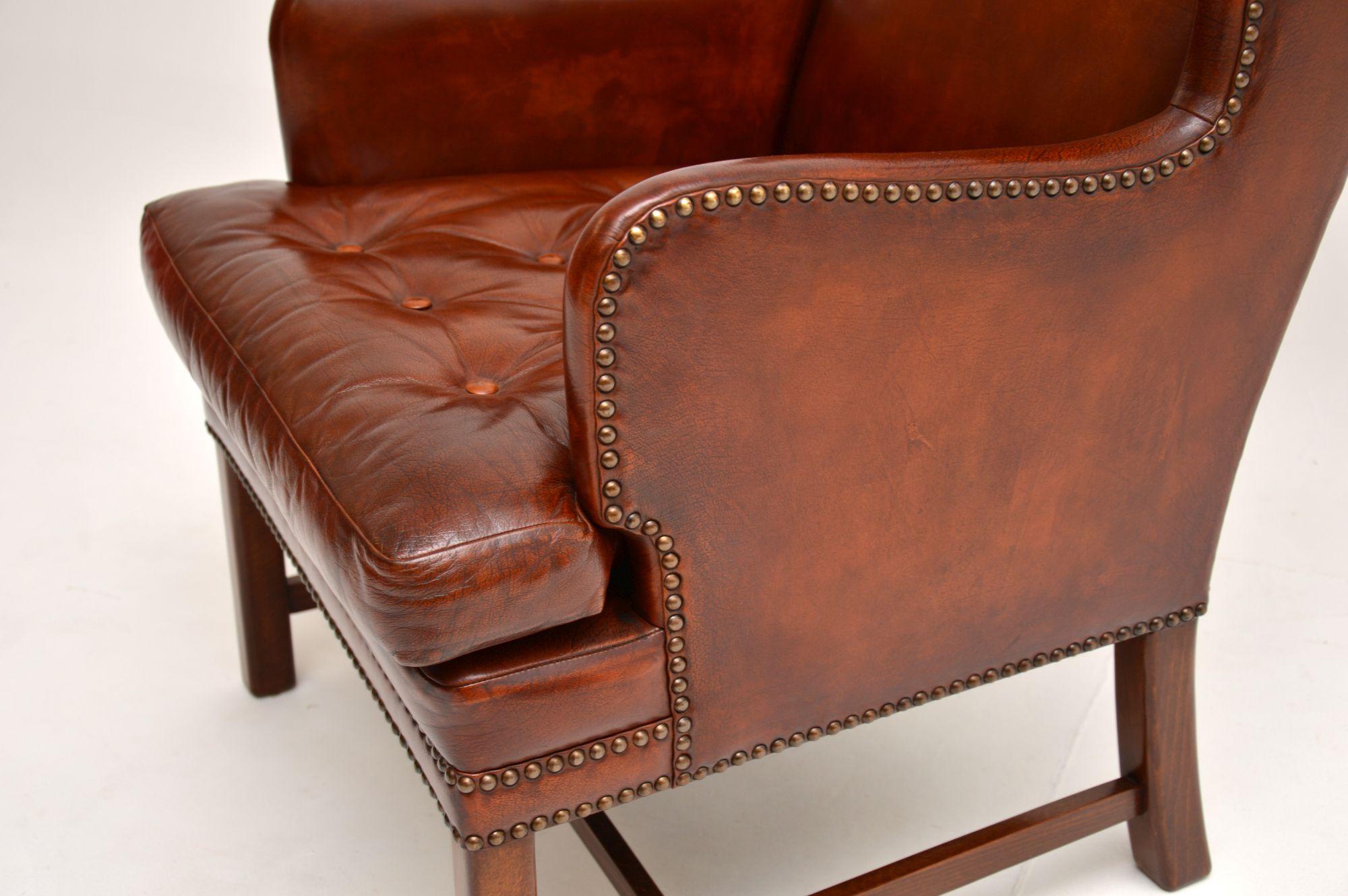 Antique Swedish Leather Wing Back Armchair For Sale 2