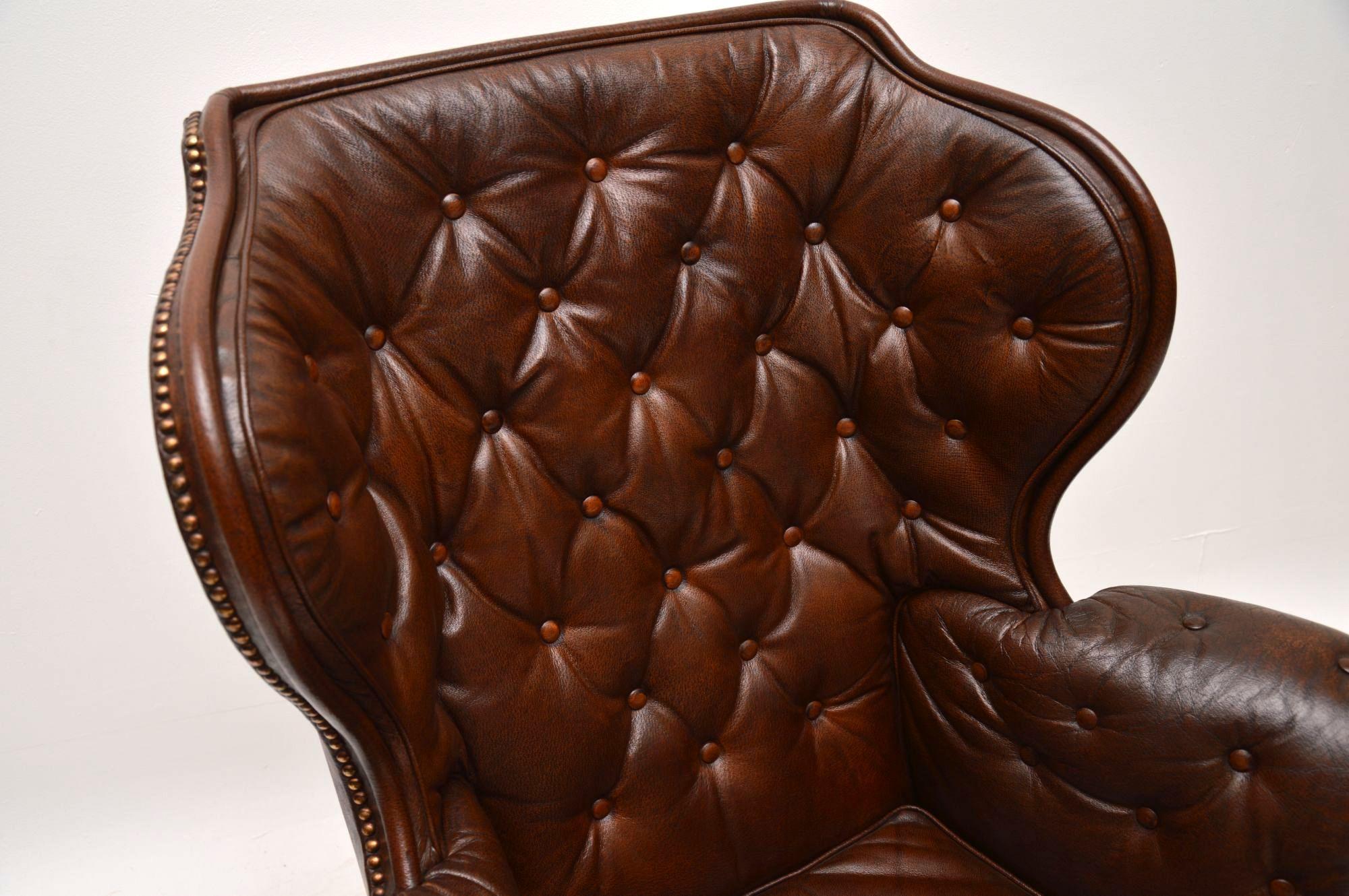 Antique Swedish Leather Wing Back Armchair 3