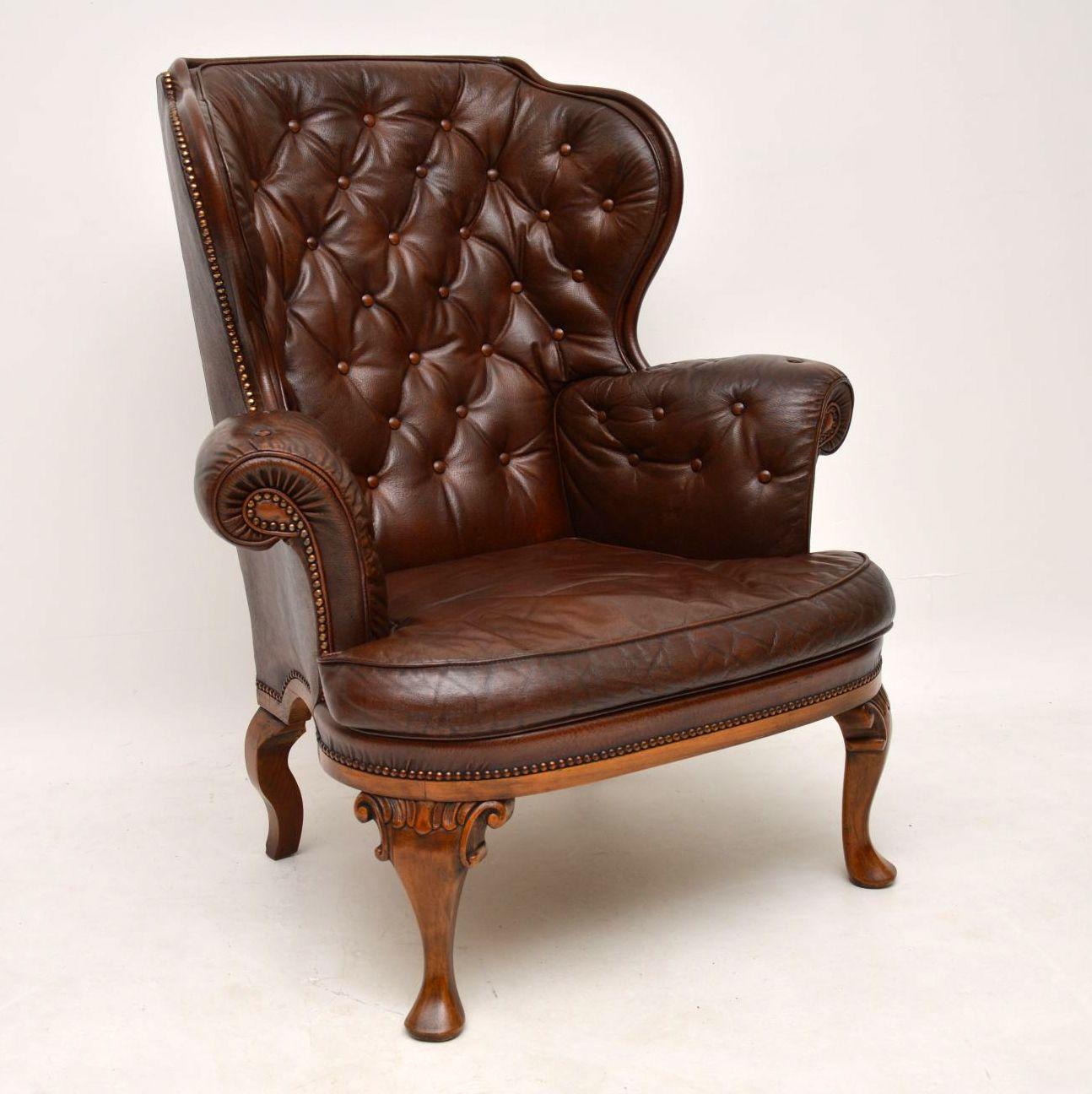 Antique Swedish Leather Wing Back Armchair 4