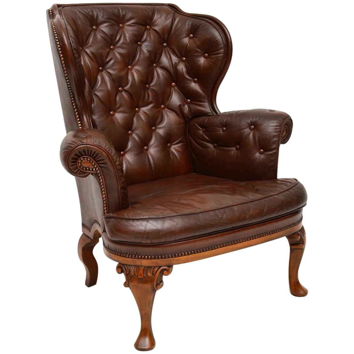 Antique Swedish Leather Wing Back Armchair