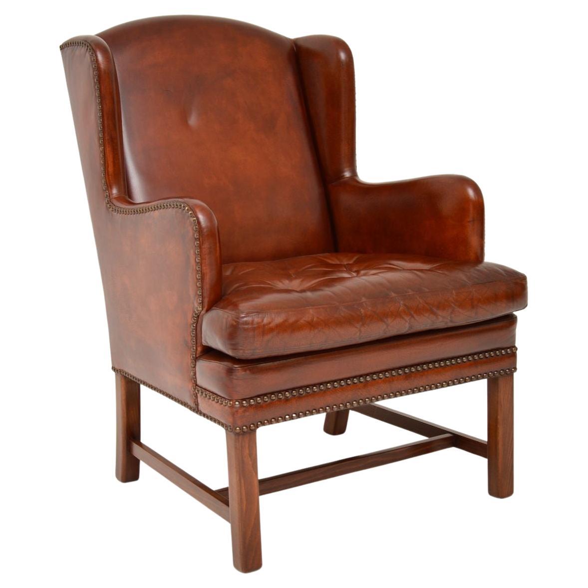 Antique Swedish Leather Wing Back Armchair For Sale