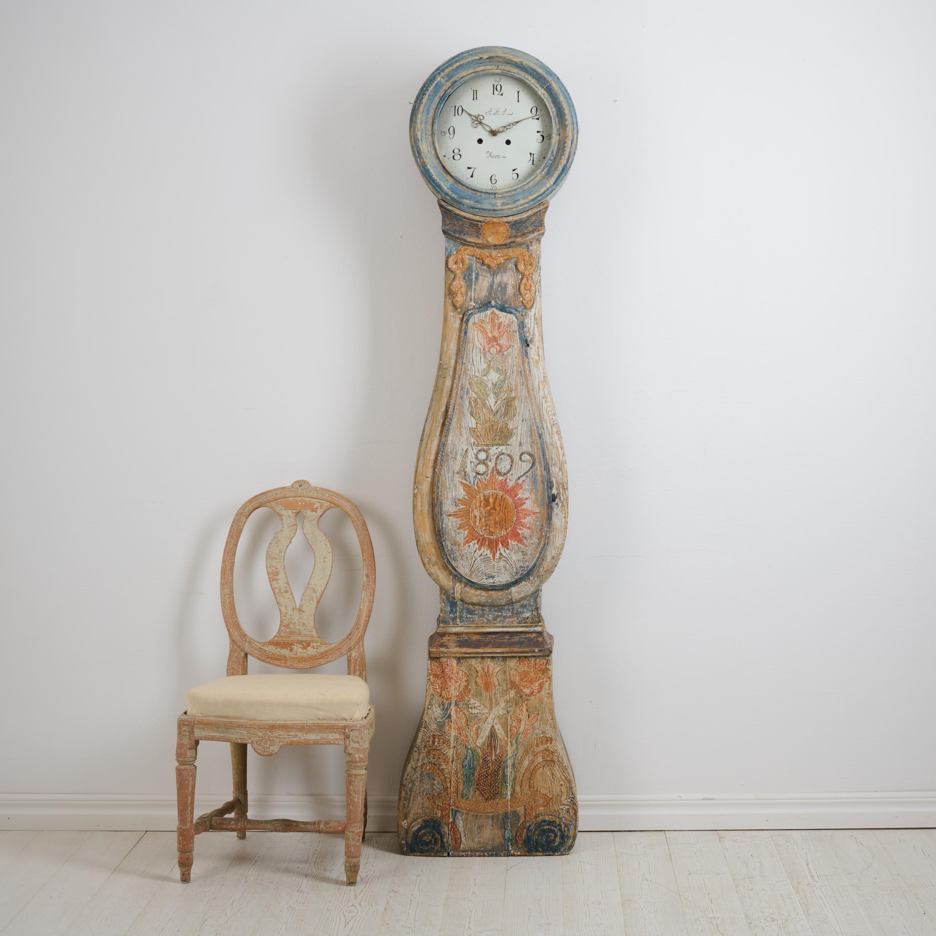 Country Antique Swedish Long Case Clock Dated 1809, with Very Unusual Decor and Paint For Sale