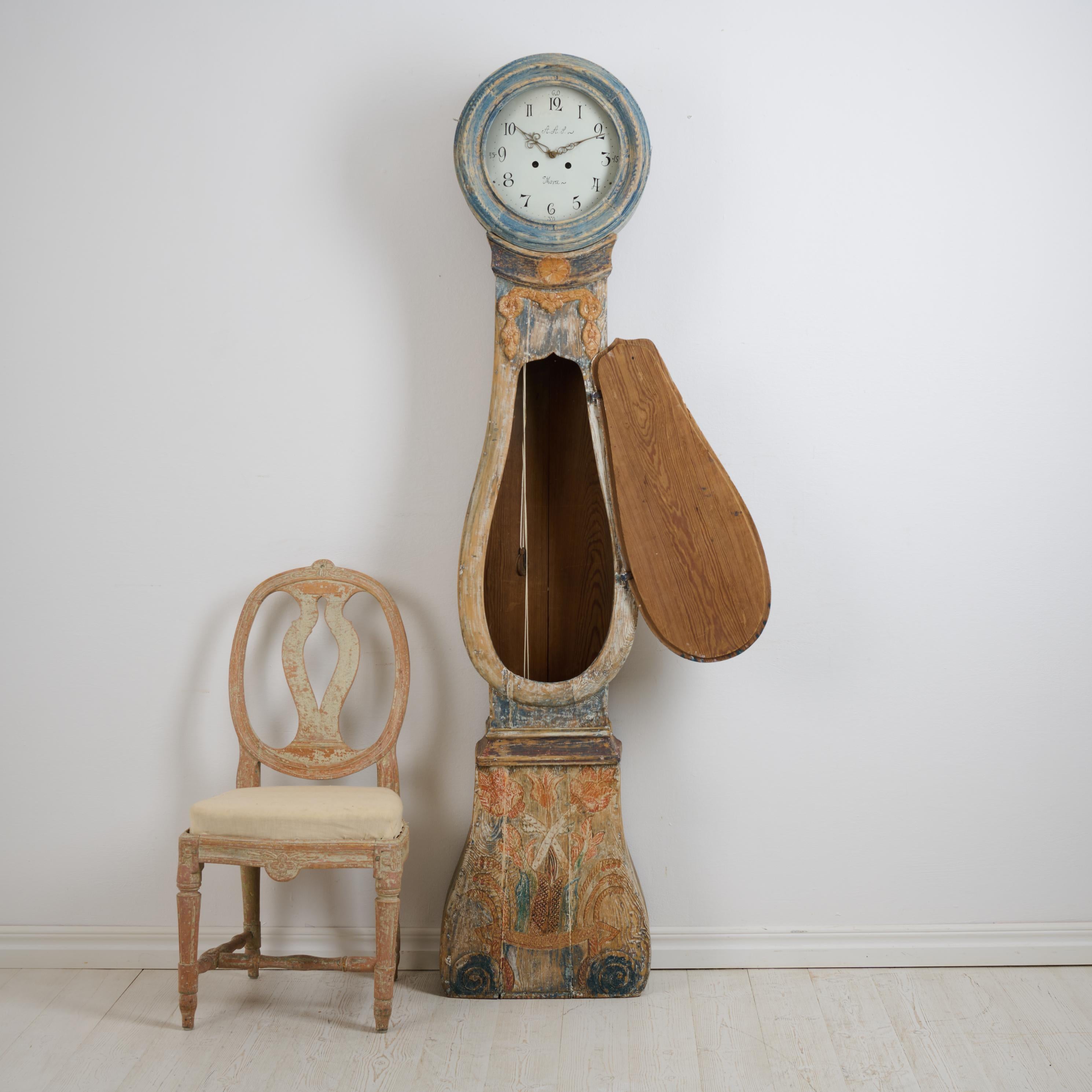 Hand-Crafted Antique Swedish Long Case Clock Dated 1809, with Very Unusual Decor and Paint For Sale