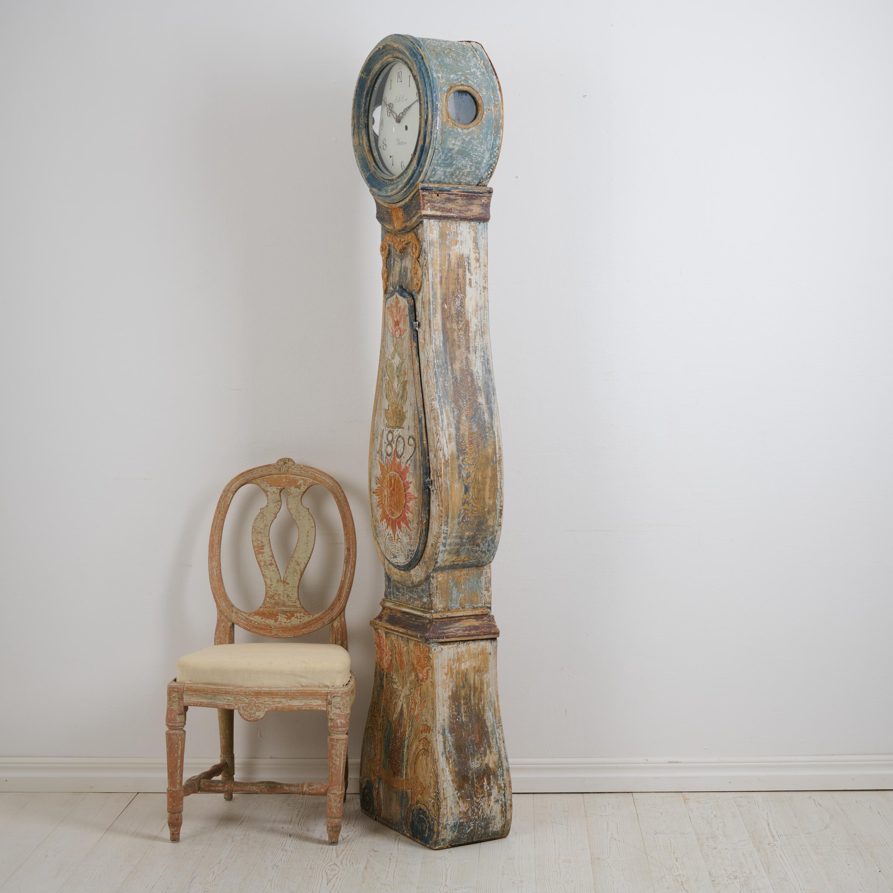 19th Century Antique Swedish Long Case Clock Dated 1809, with Very Unusual Decor and Paint For Sale