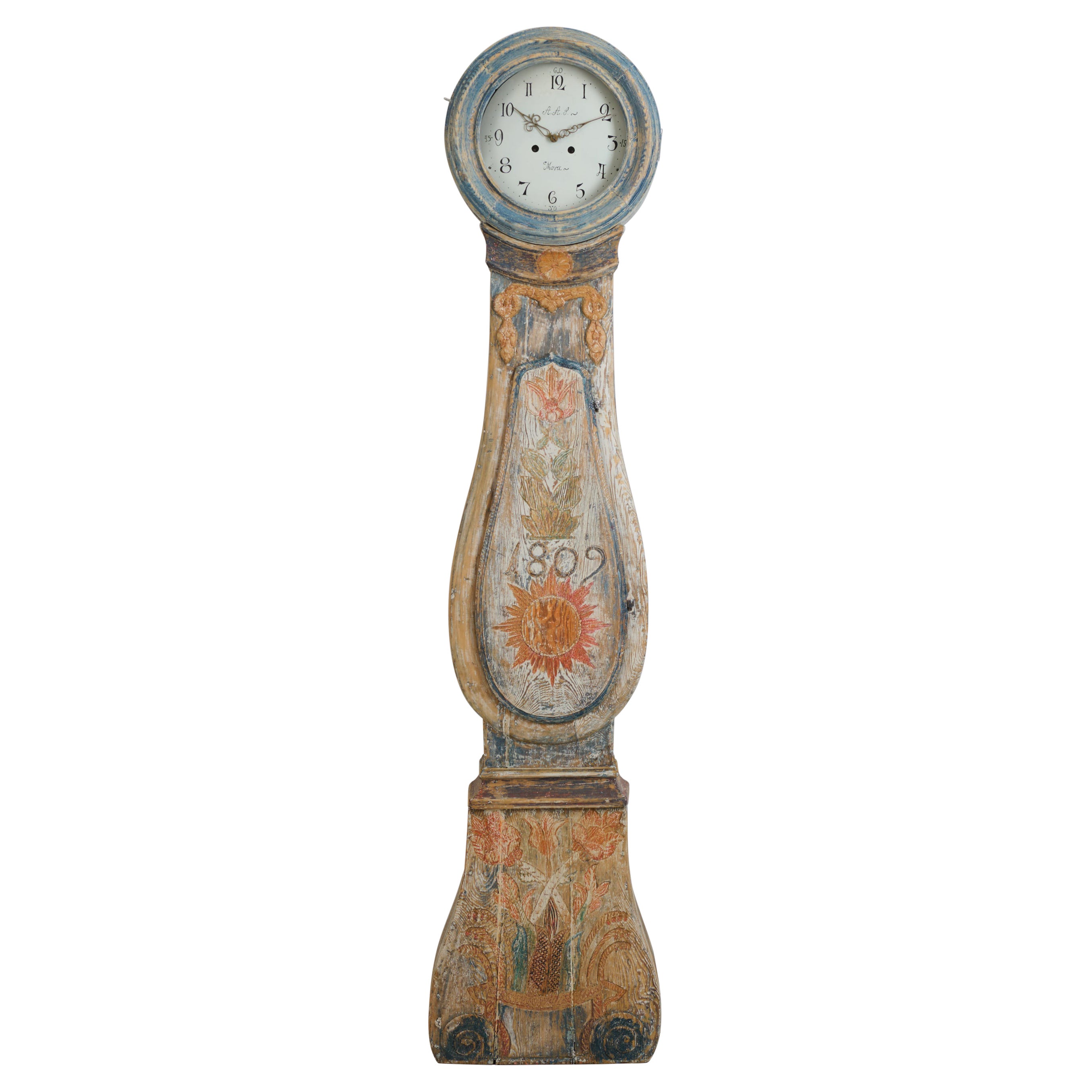 Antique Swedish Long Case Clock Dated 1809, with Very Unusual Decor and Paint For Sale