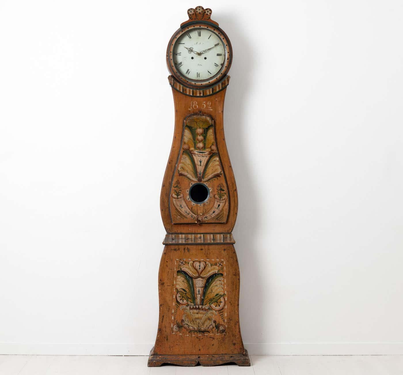 Country Antique Swedish Long Case Clock in Rococo Style with Original Decorative Paint For Sale