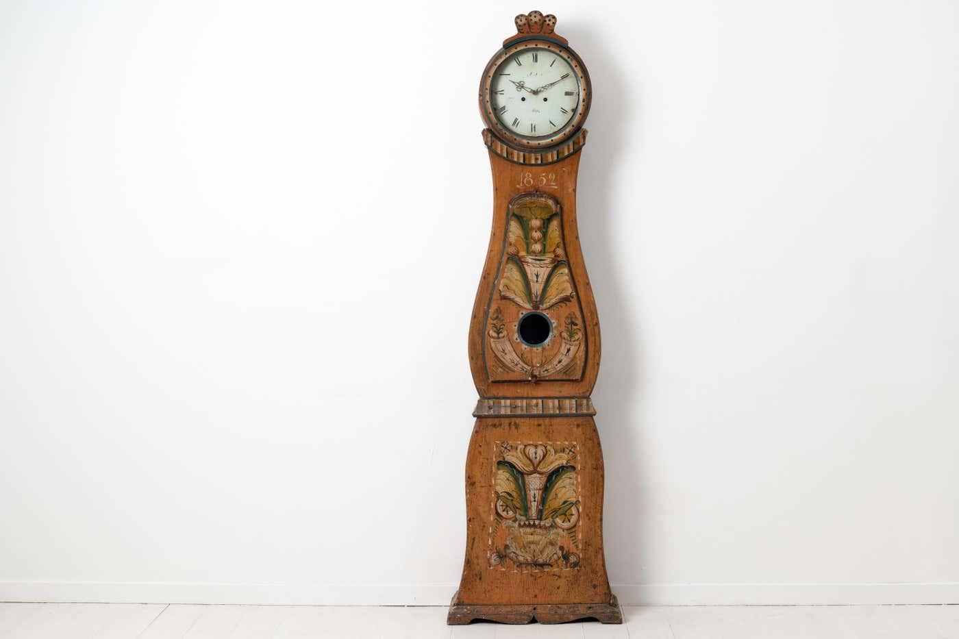 Hand-Crafted Antique Swedish Long Case Clock in Rococo Style with Original Decorative Paint For Sale
