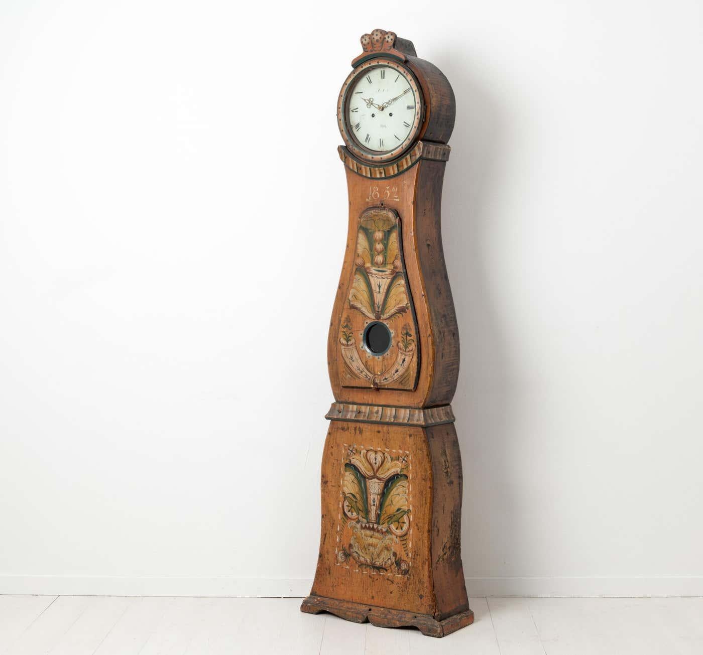 19th Century Antique Swedish Long Case Clock in Rococo Style with Original Decorative Paint For Sale