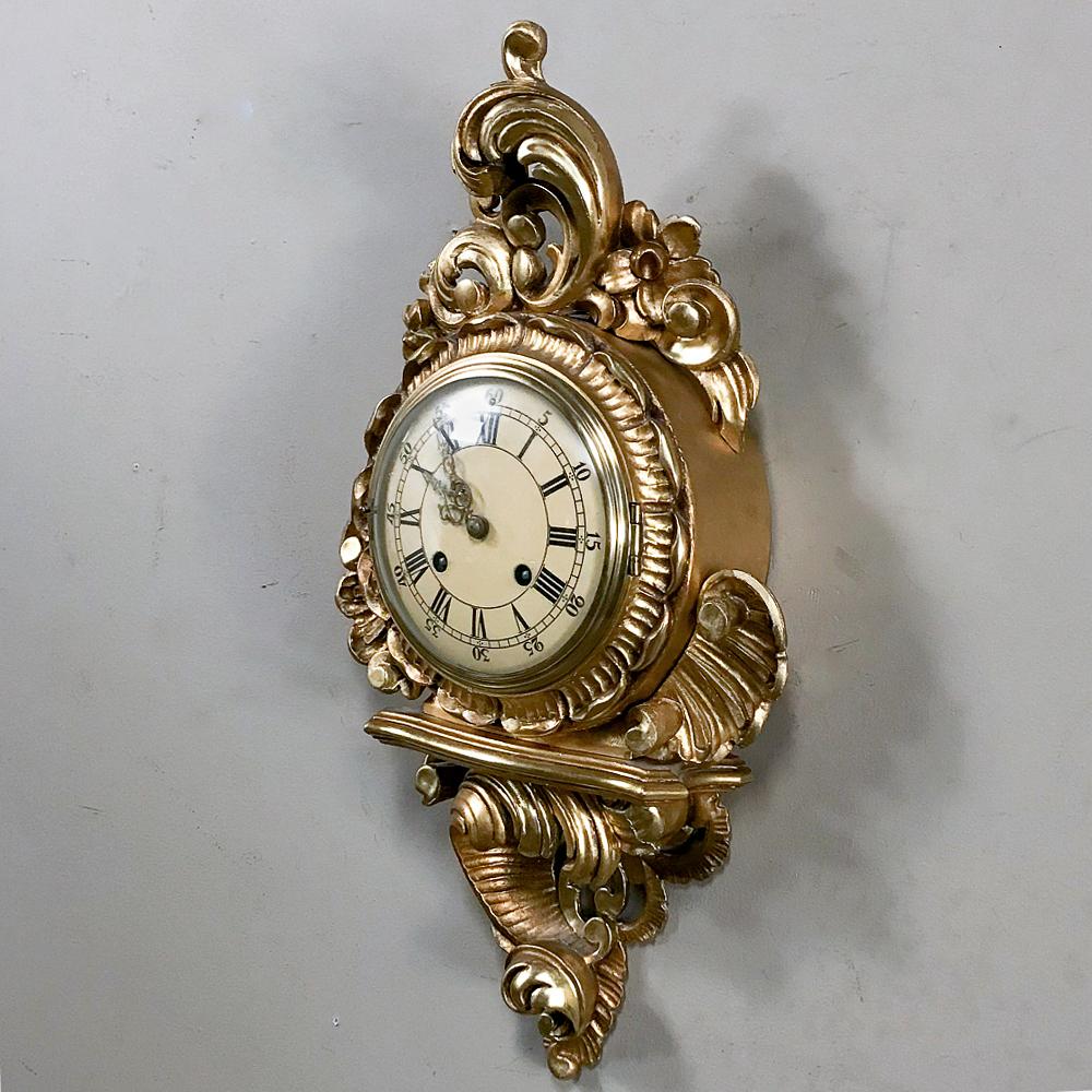 Rococo Antique Swedish Louis XV Giltwood Wall Clock, Cartel