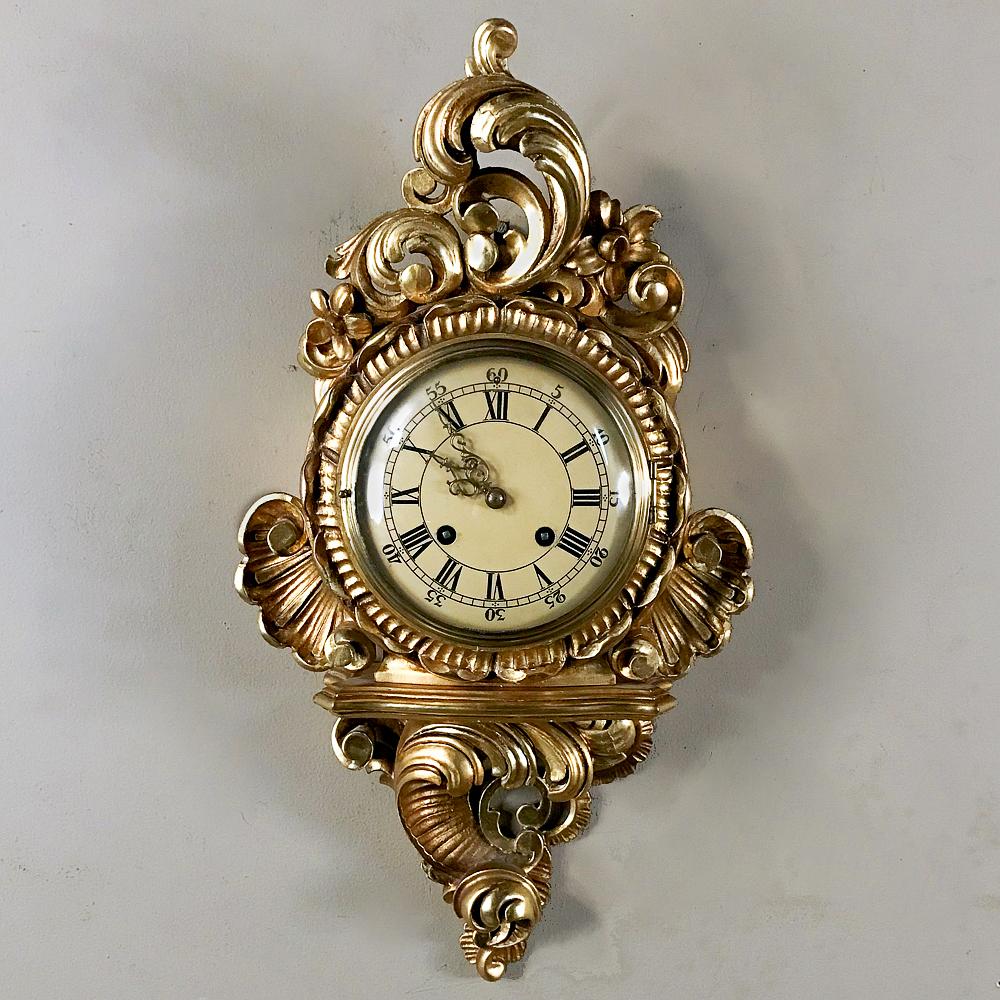 Hand-Carved Antique Swedish Louis XV Giltwood Wall Clock, Cartel