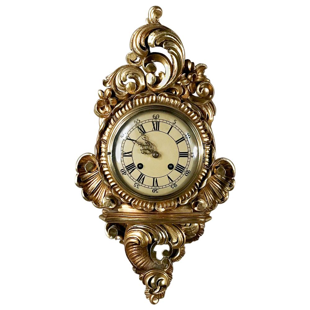 Antique Swedish Louis XV Giltwood Wall Clock, Cartel
