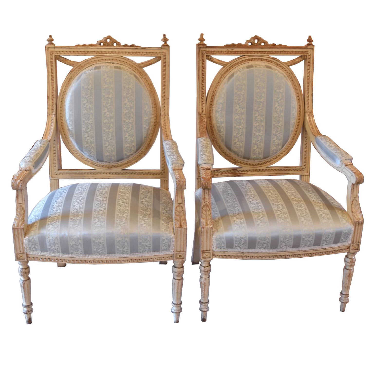 Carved Antique Swedish Louis XVI Style Grey-Painted Suite with Settee, Chairs & Table For Sale