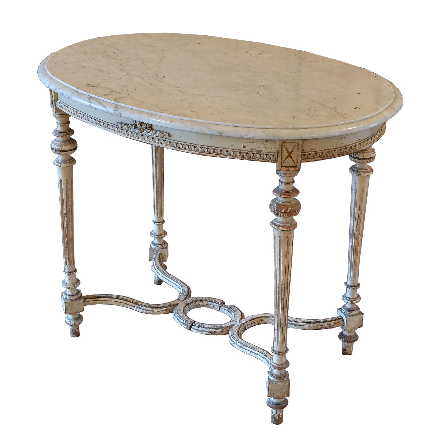 Antique Swedish Louis XVI Style Oval Salon/ Center Table w/ Grey Paint & Marble 4