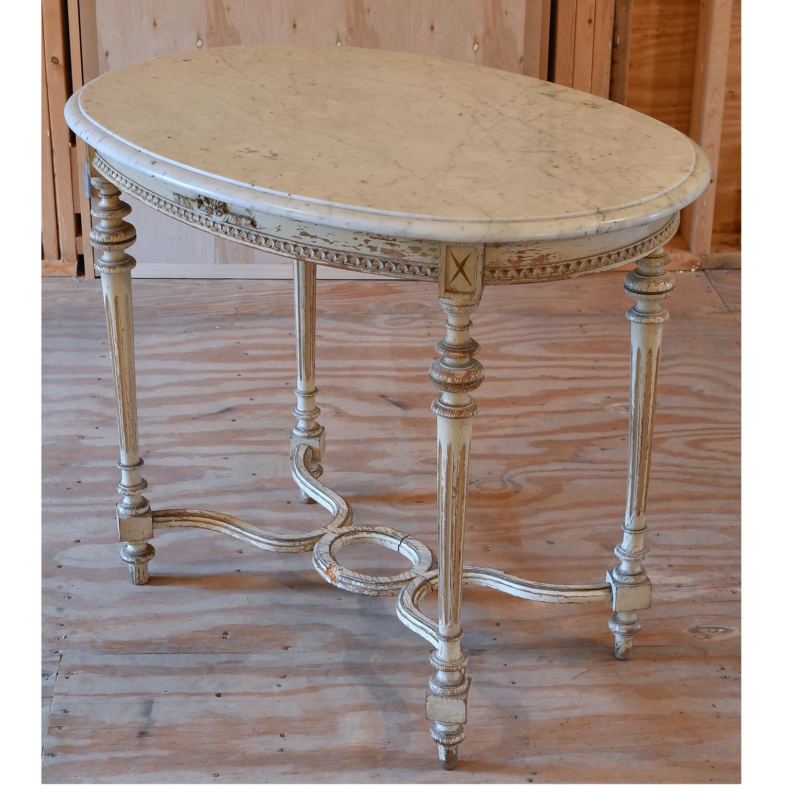 Antique Swedish Louis XVI Style Oval Salon/ Center Table w/ Grey Paint & Marble 8