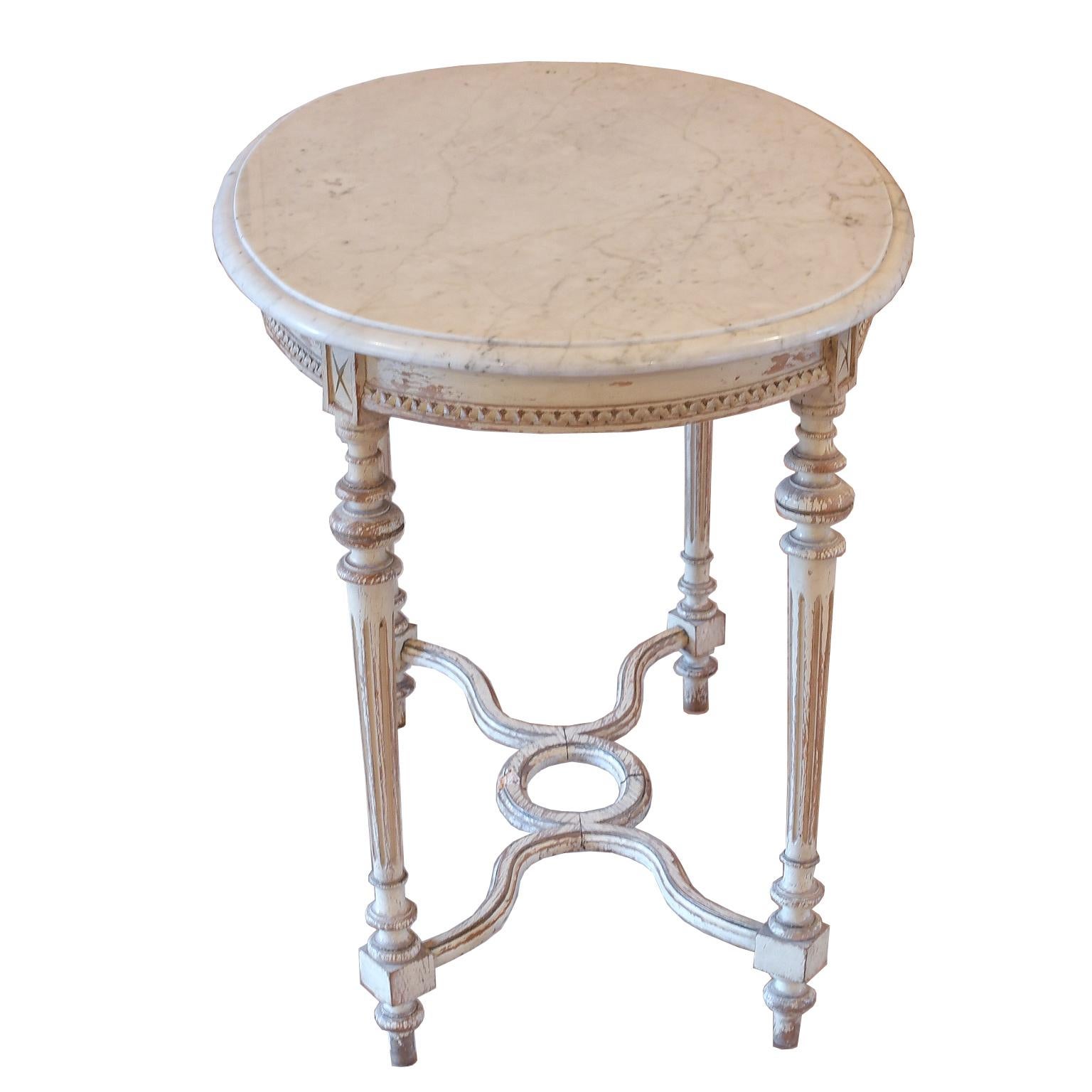 Hand-Carved Antique Swedish Louis XVI Style Oval Salon/ Center Table w/ Grey Paint & Marble