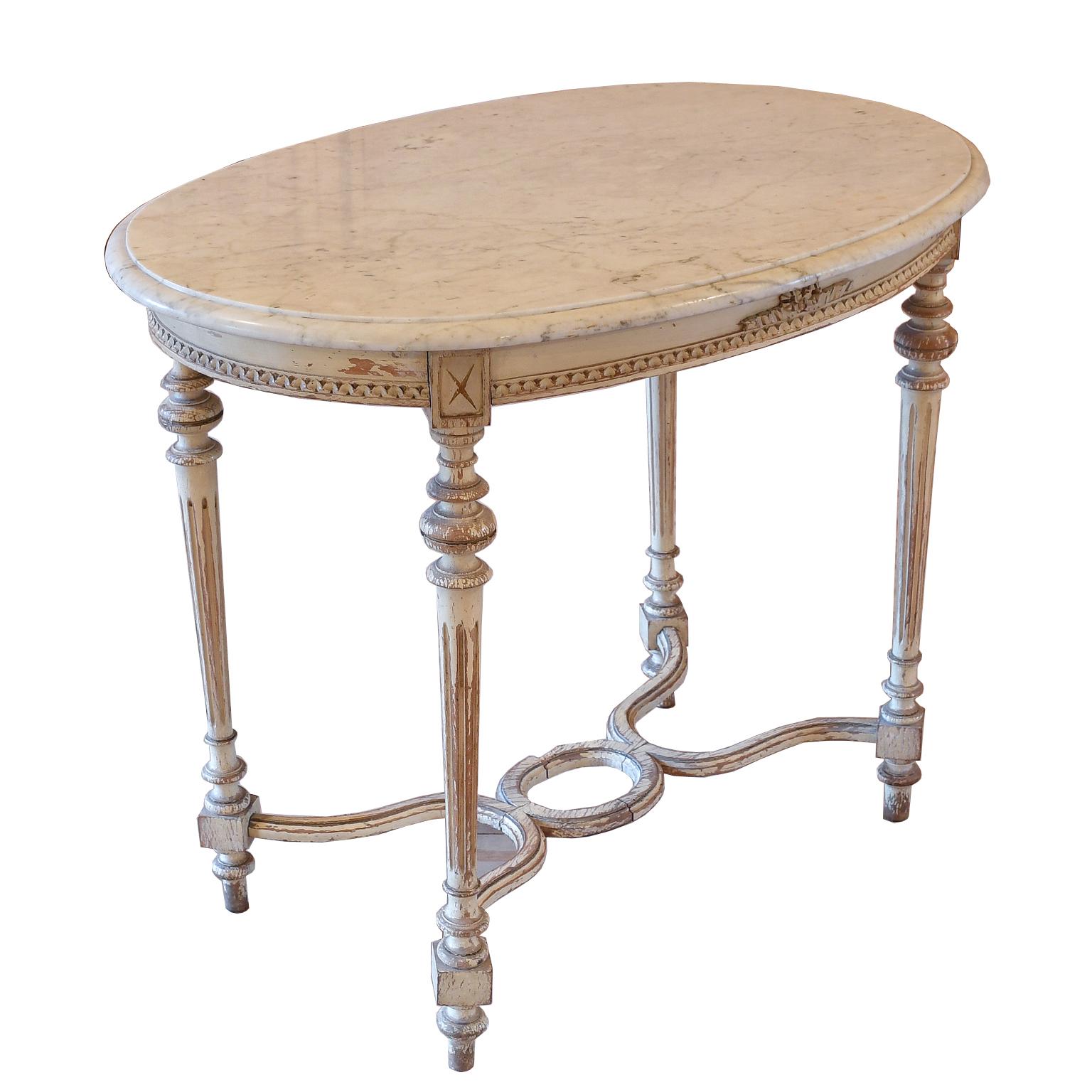 20th Century Antique Swedish Louis XVI Style Oval Salon/ Center Table w/ Grey Paint & Marble