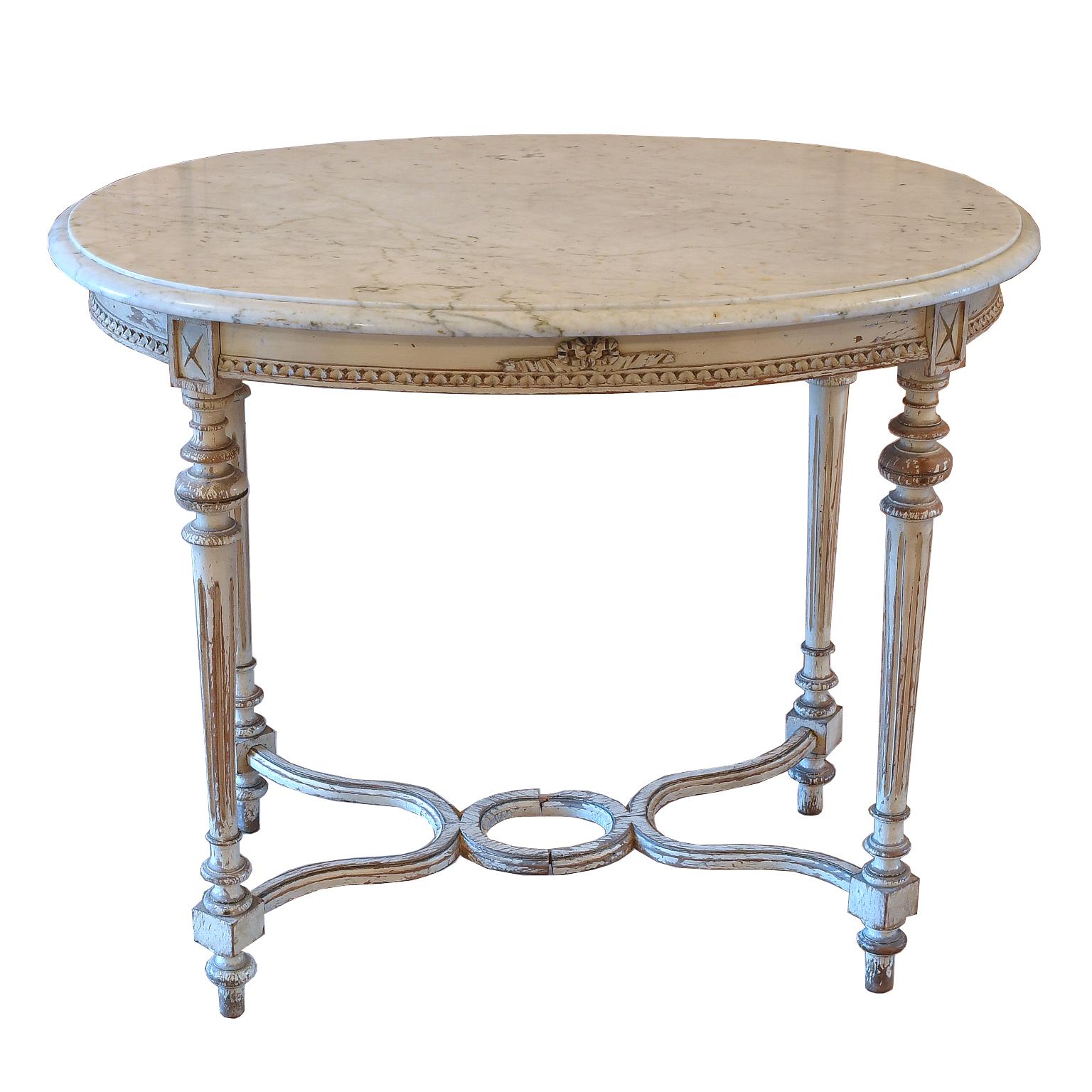 Antique Swedish Louis XVI Style Oval Salon/ Center Table w/ Grey Paint & Marble 1