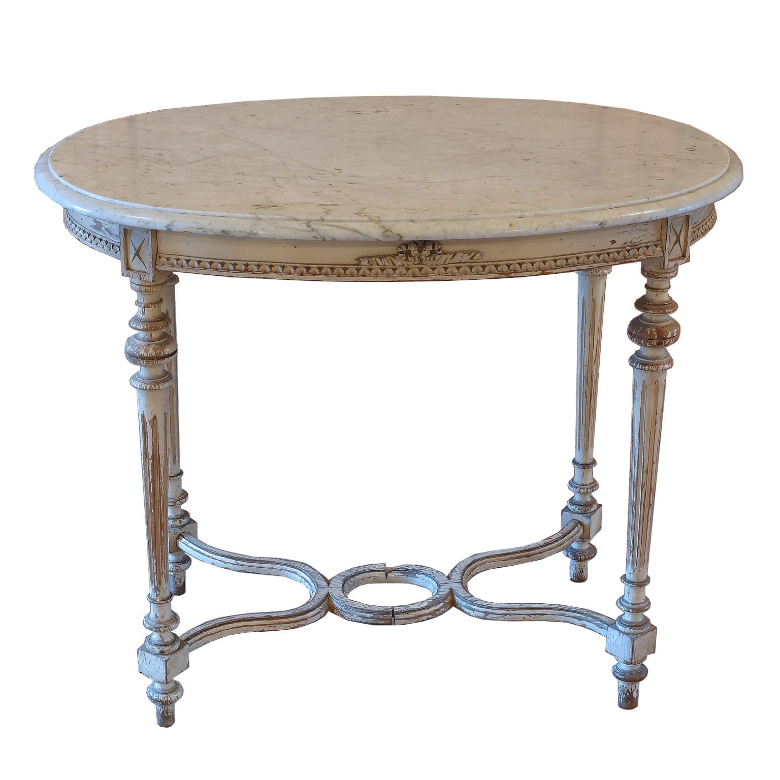 Antique Swedish Louis XVI Style Oval Salon/ Center Table w/ Grey Paint & Marble 2