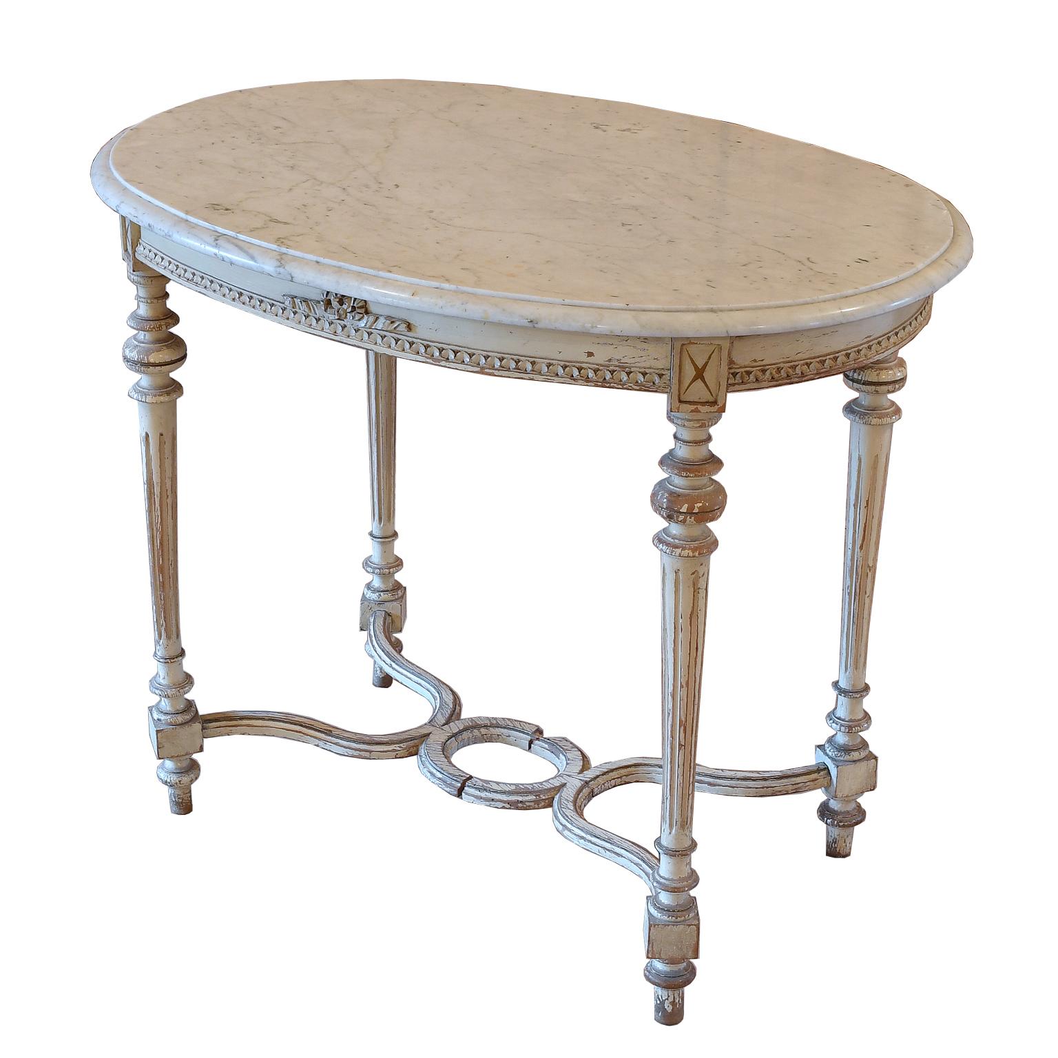 Antique Swedish Louis XVI Style Oval Salon/ Center Table w/ Grey Paint & Marble 3