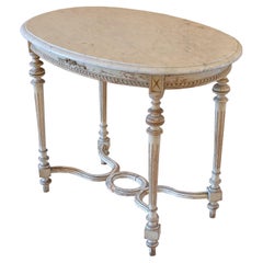 Antique Swedish Louis XVI Style Oval Salon/ Center Table w/ Grey Paint & Marble