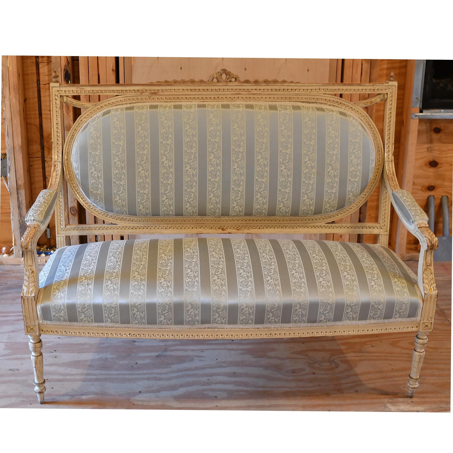 Antique Swedish Louis XVI Style Settee w/ Painted White/Grey Frame & Upholstery 12